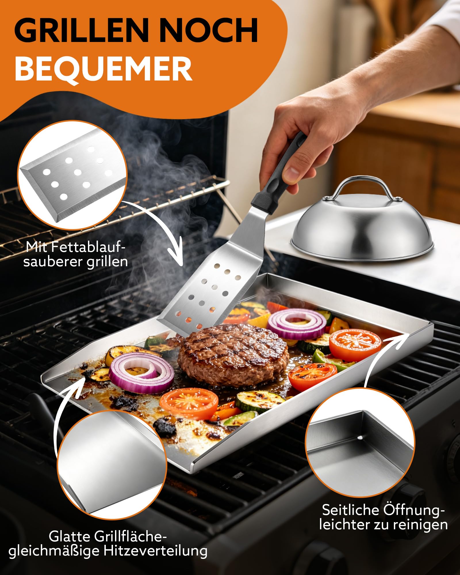 7er Set Plancha Grillplatte Edelstahl 40x30 cm, 4 mm, für Gasgrill und BBQ