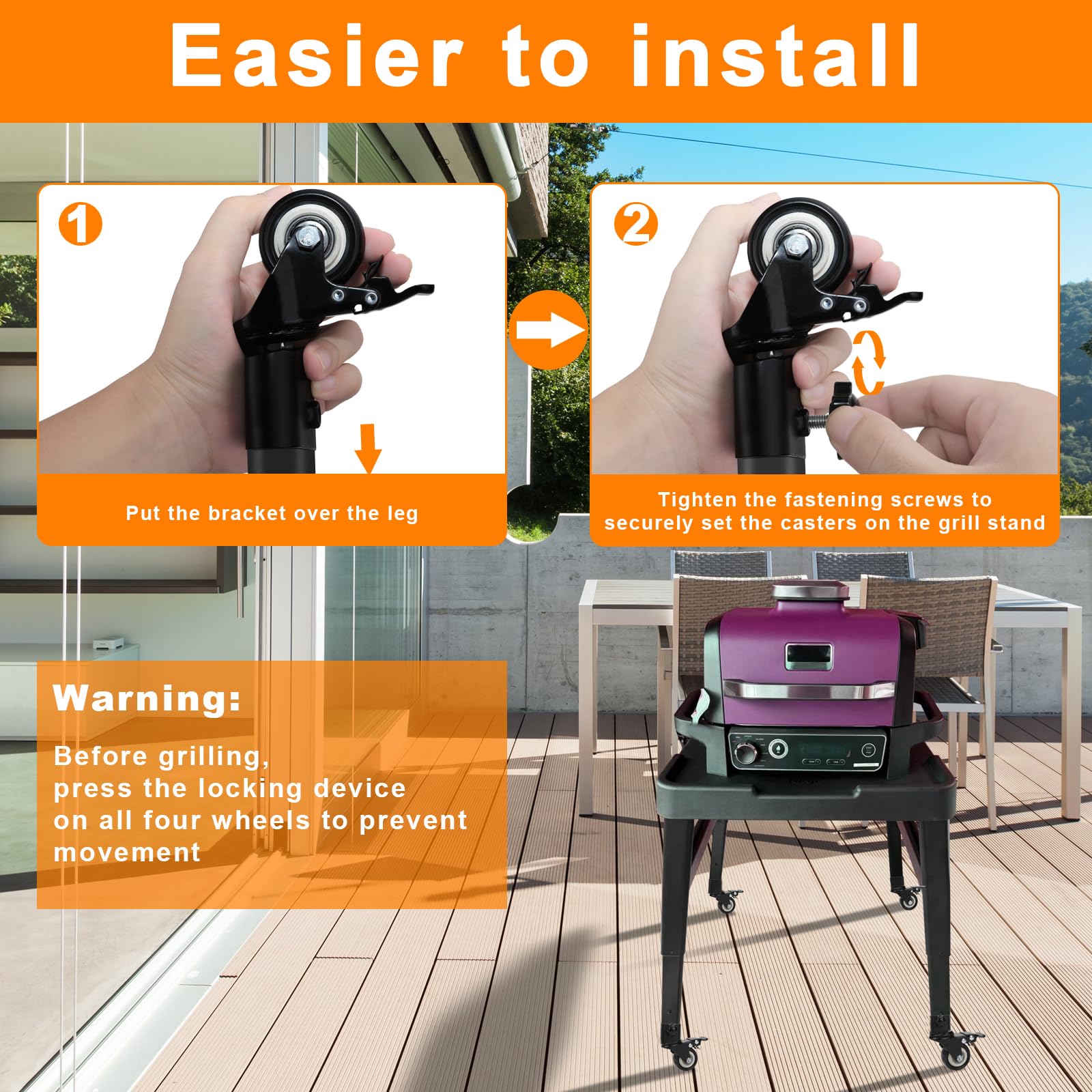Caster Wheels Kit for Ninja XSKUNSTAND Outdoor Stand, Woodfire Outdoor Grill Stand Accessories for Ninja Grill Stand & Pizza Oven Stand, 360° Swivel Griddle Wheels with Brake for Ninja OG & OO series.