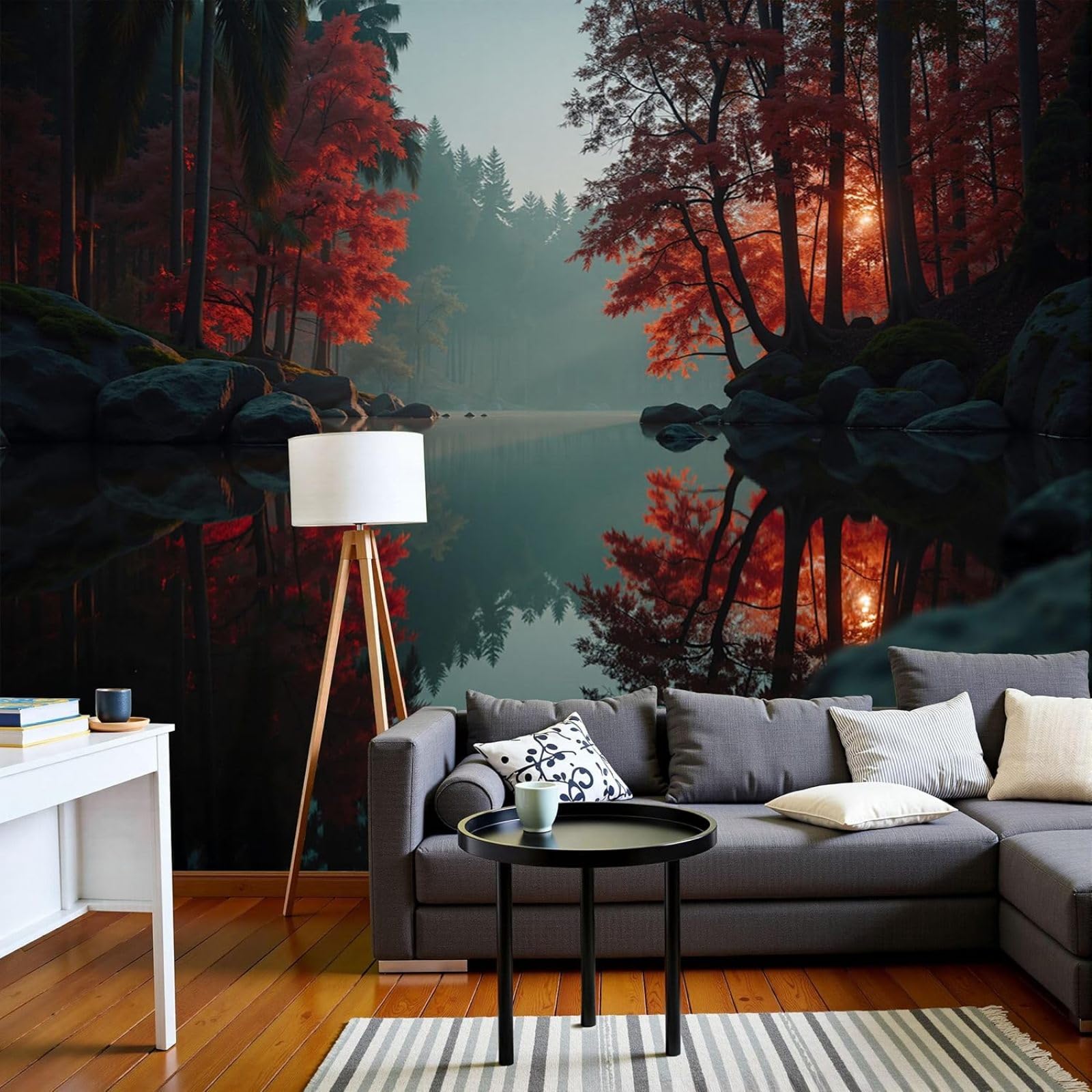 Photo wallpaper nature forest - XXL, A tranquil lake landscape 3D effect, Dark green for living room bedroom non-woven wallpaper wall mural, 250cm x 175cm Stickers - Frameless Painting - Poster