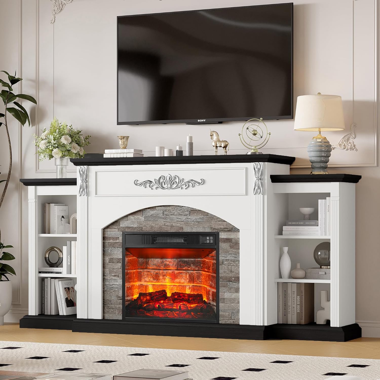 BOSHIRO Electric Fireplace with Mantel used as a TV stand with a large television