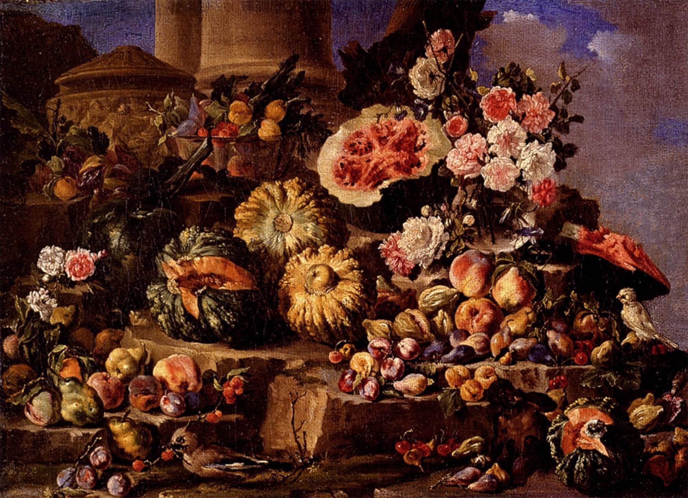 SERENDIPITP Retro Picture Poster Wall Art Pictures Painting Still Life of Fruit and Flowers on a Stone Ledge with Birds and a Monkey Bypace Del Campidoglio Wall Art Canvas Print for Wall Decor 60x90cm