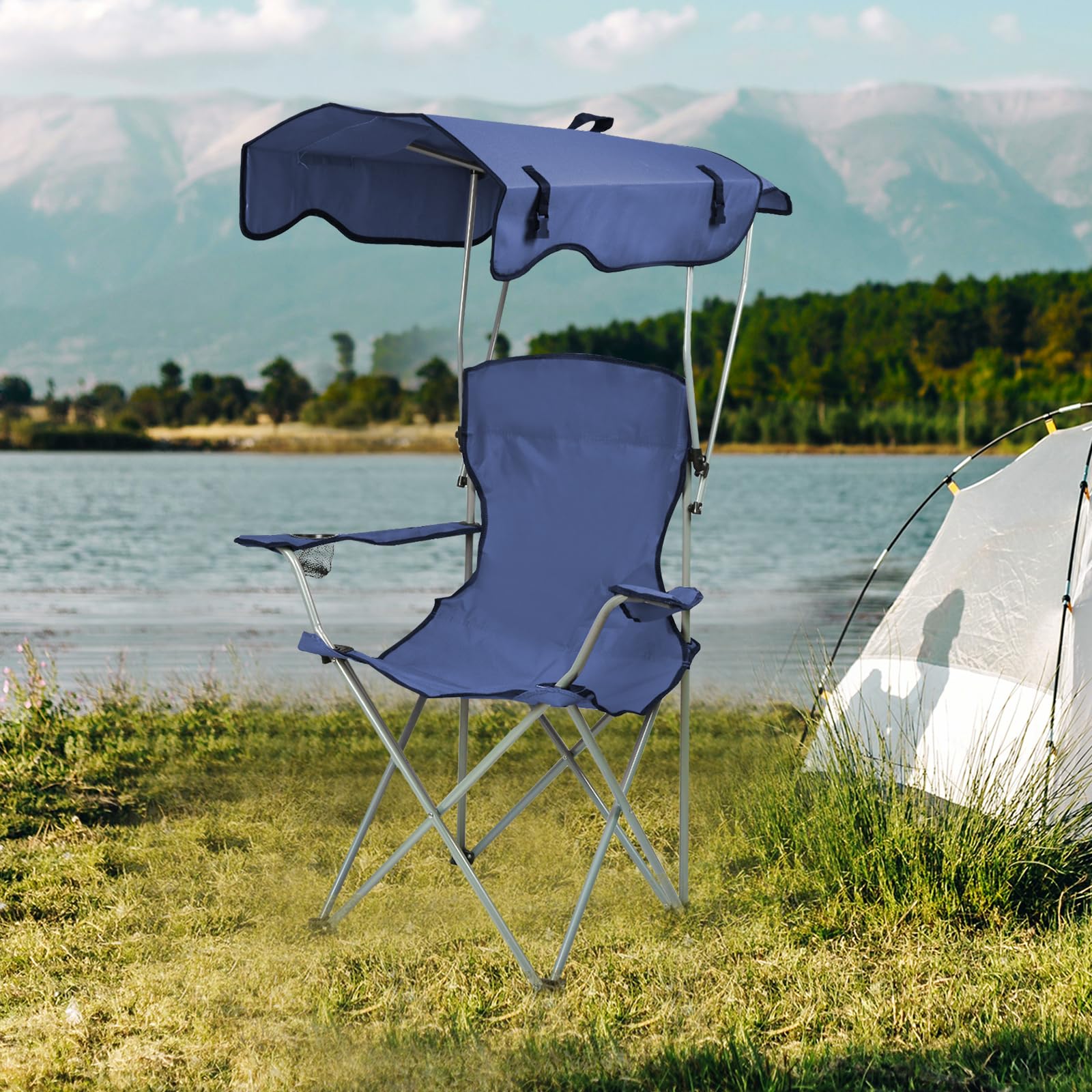 OHMG Chaise de Camping avec Auvent D'ombrage,Porte-gobelet et Sacs de Transport,Chaise Pliante Portable avec Pare-Soleil,Chaises de Pêche,Chaise pour Pique-Nique,Jardin,Plage,Sports de Plein (Bleu)