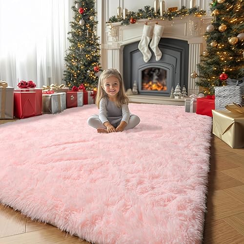 Pink Area Rugs for Bedroom Girls, Living Room Decor, Fluffy Fuzzy Shag Rug 4x6 for Kids Room, Soft Cute Indoor Floor Carpet for Baby, Teen, Nursery, Preppy Dorm, Playroom, Plush Aesthetic Bedside Rug - 4' x 6' (Rectangular) - Pink