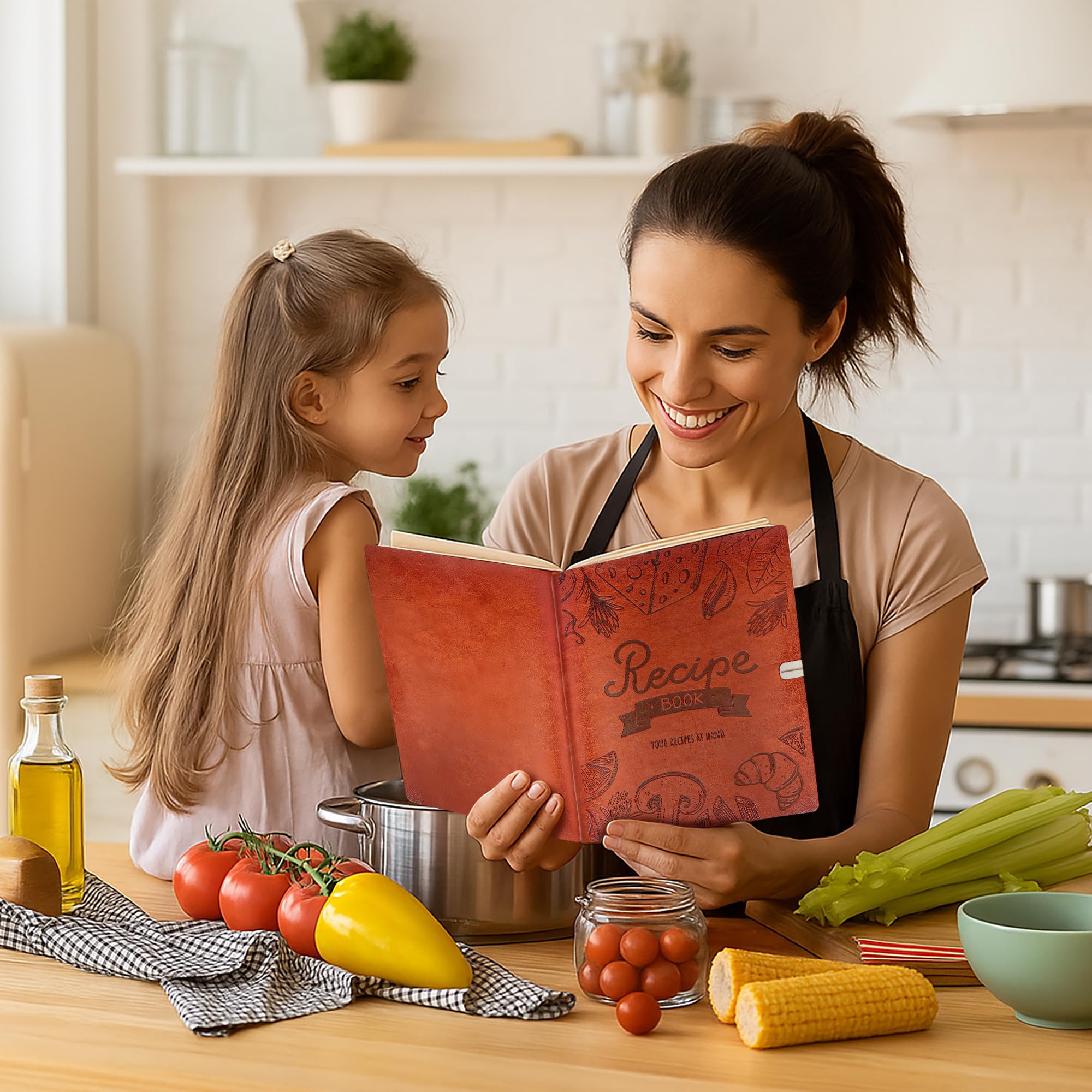Rezeptbuch zum Einschreiben eigener Rezepte – A5 blanko Rezeptbuch mit Ledereinband – hält 130 Rezepte – inklusive Aufkleber – Familien-Kochbuch Geschenk für Frauen & Hobbyköche