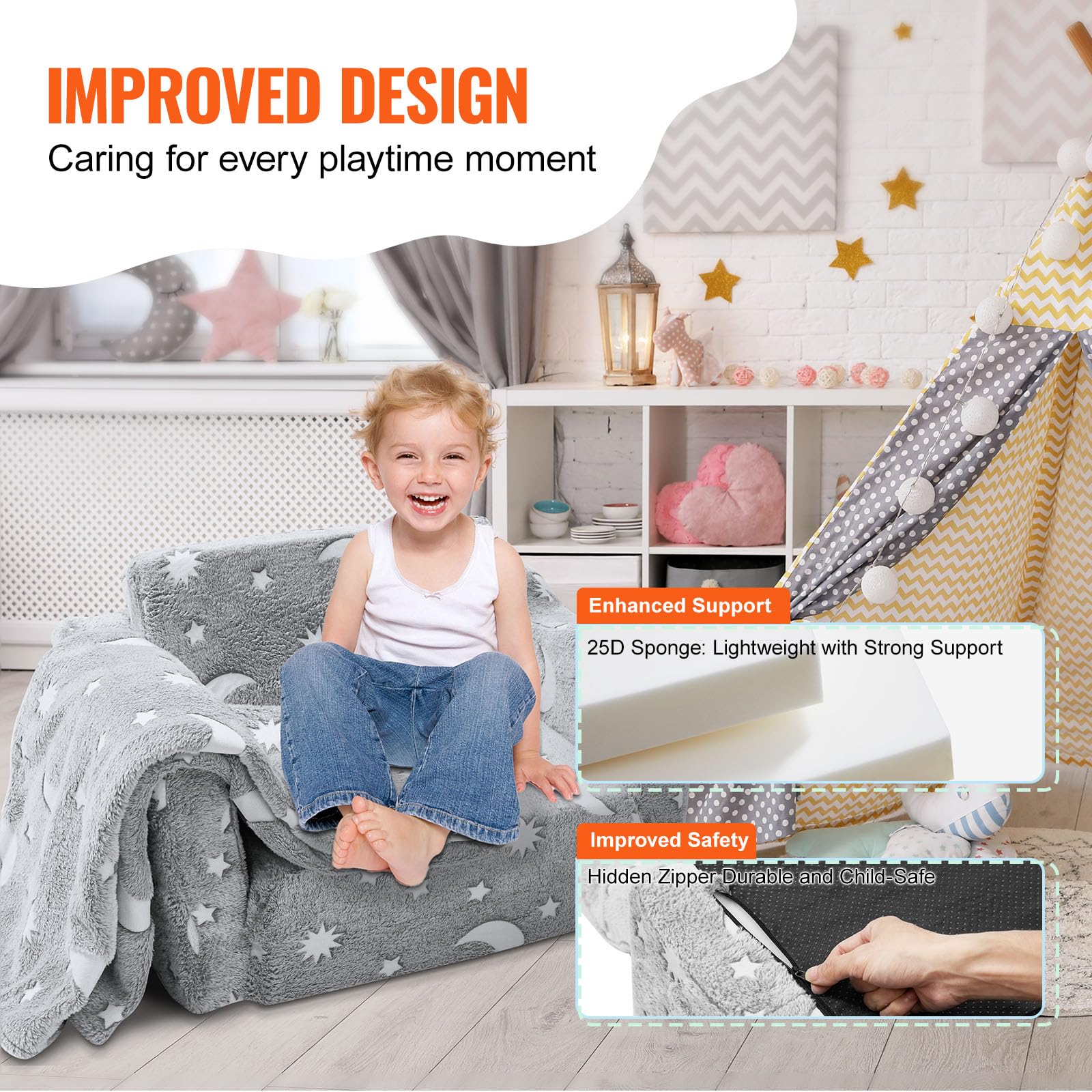 VEVOR Divano Letto Pieghevole per Bambini 610x430x400 mm, Apribile per Stanza da Gioco, Poltrona Sedia Carico Max. 20kg