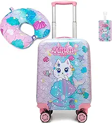 Conjunto de mala infantil de 2 peças, bagagem rígida de 40,6 cm com rodas giratórias, meninas, meninos, bagagem de mão, bagagem de viagem, com rodinhas aprovadas por companhias aéreas, Gato