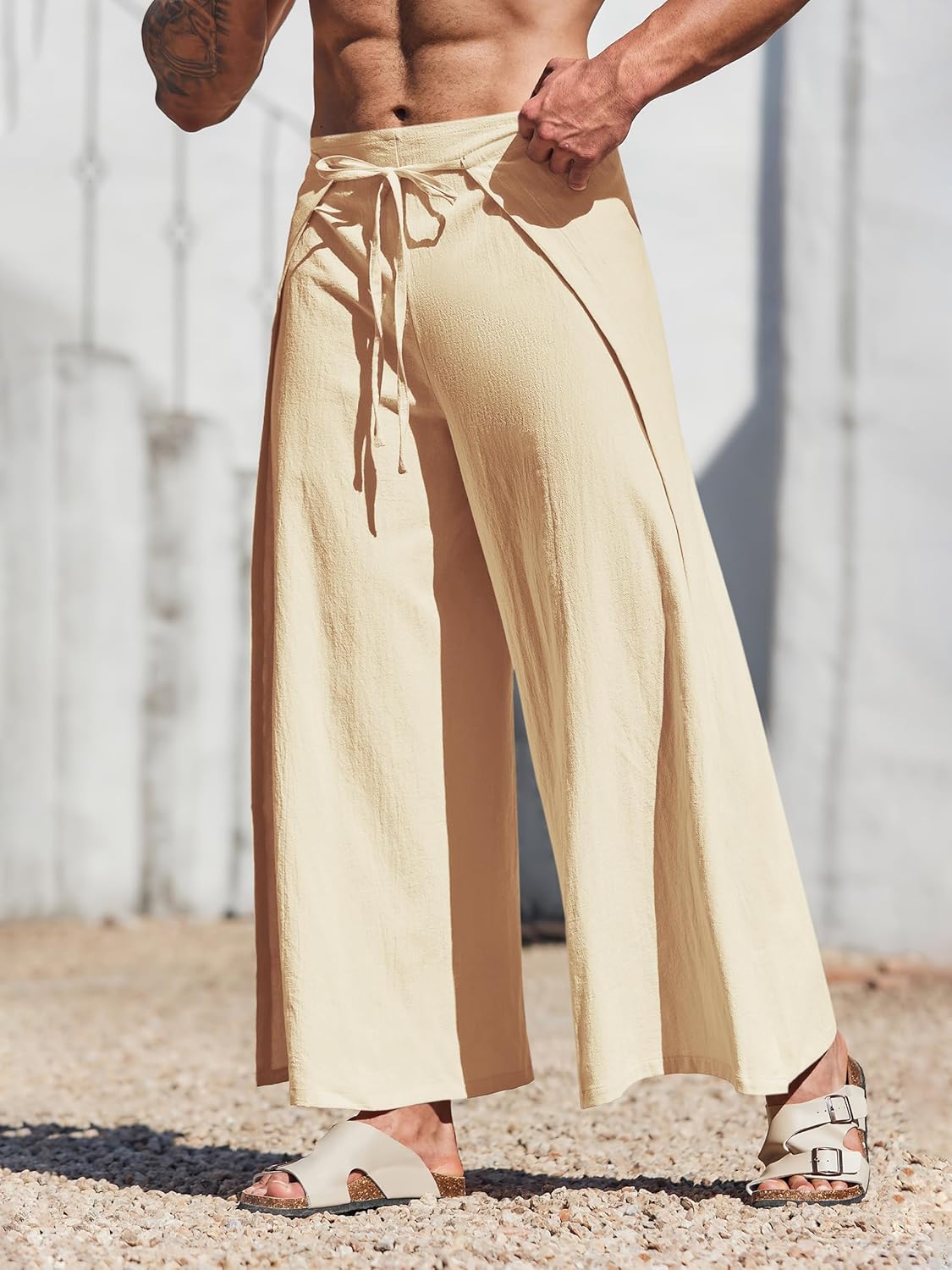 Runcati Mens Linen Wrap Pants Thai Fisherman Yoga Beach Hippie Lightweight Loose Fit Pants - Image 2