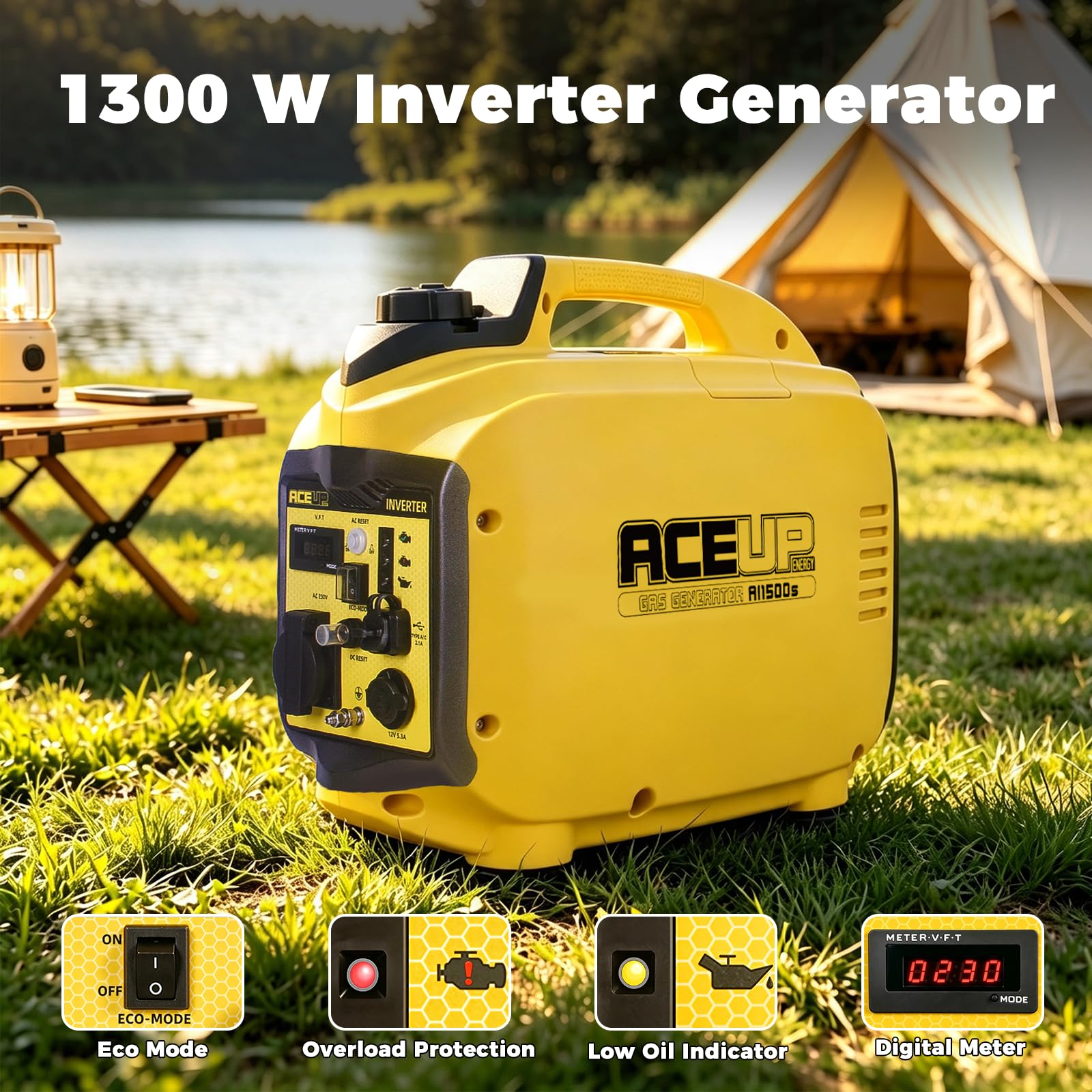 Aceup Energy 1300 W Générateur à Essence Silencieux Groupe Électrogène Inverter Portable avec Port USB et Prises 230 V, 12 V pour le Camping Caravane et Urgence Coupure de courant