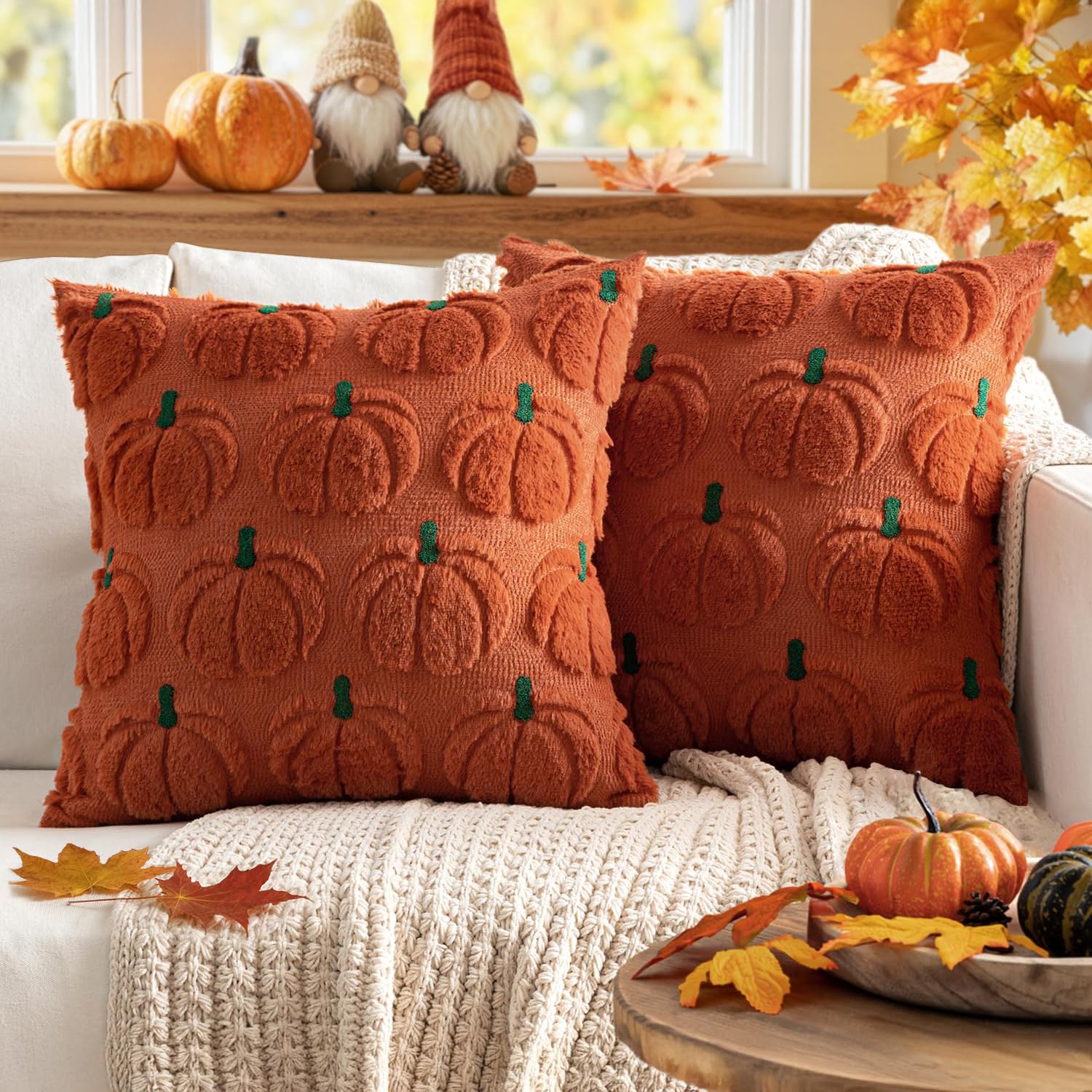 MIULEE 2 Pack Fall Cushion Covers 45x45 Autumn Pumpkin Dark Caramel Green — image 1