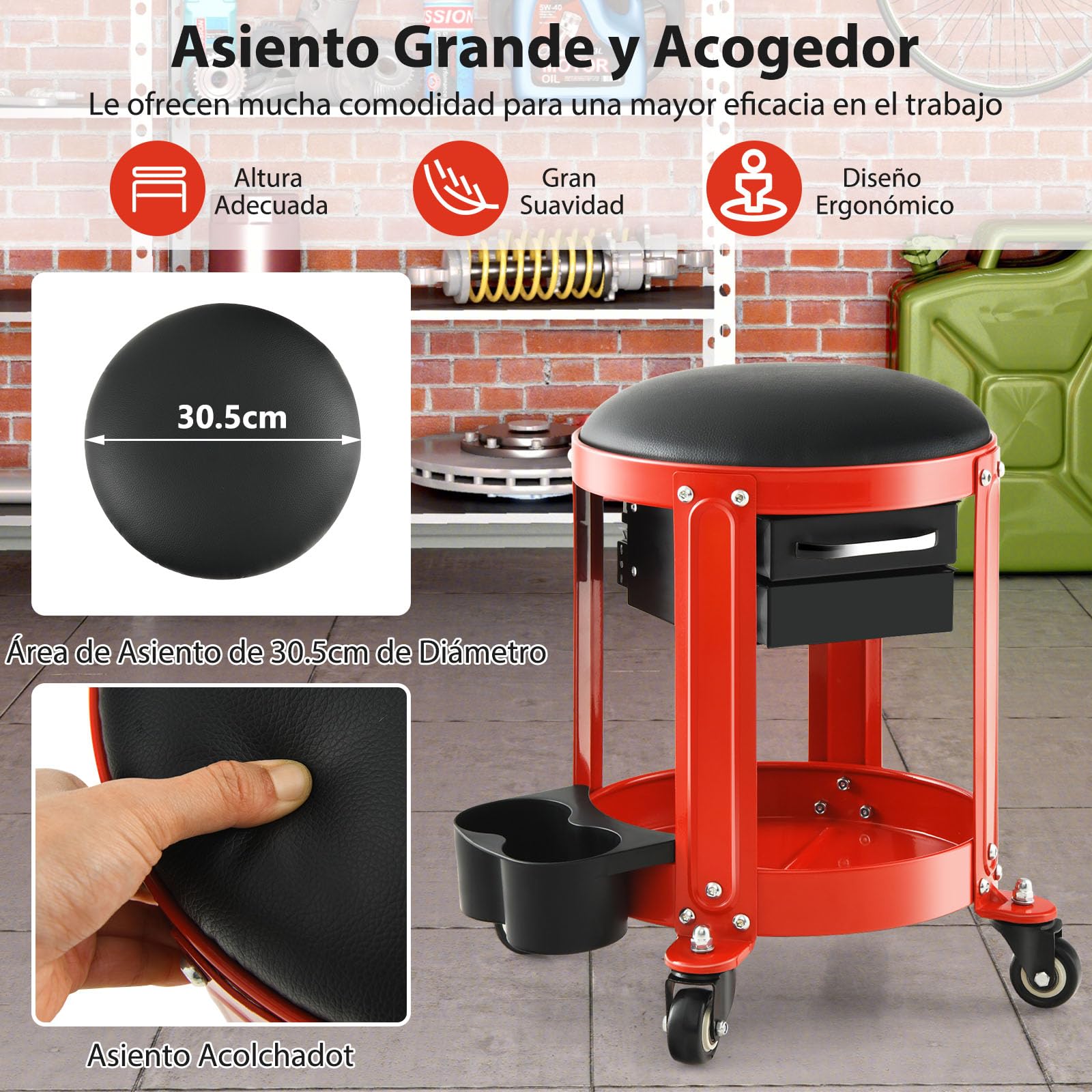 GYMAX Taburete Taller con Ruedas, hasta 150 kg, Taburete con Ruedas con Cajones Dobles, Soporte para Latas y 4 Ruedas Universales, Taburete Mecánico con Bandeja para Taller y Garaje