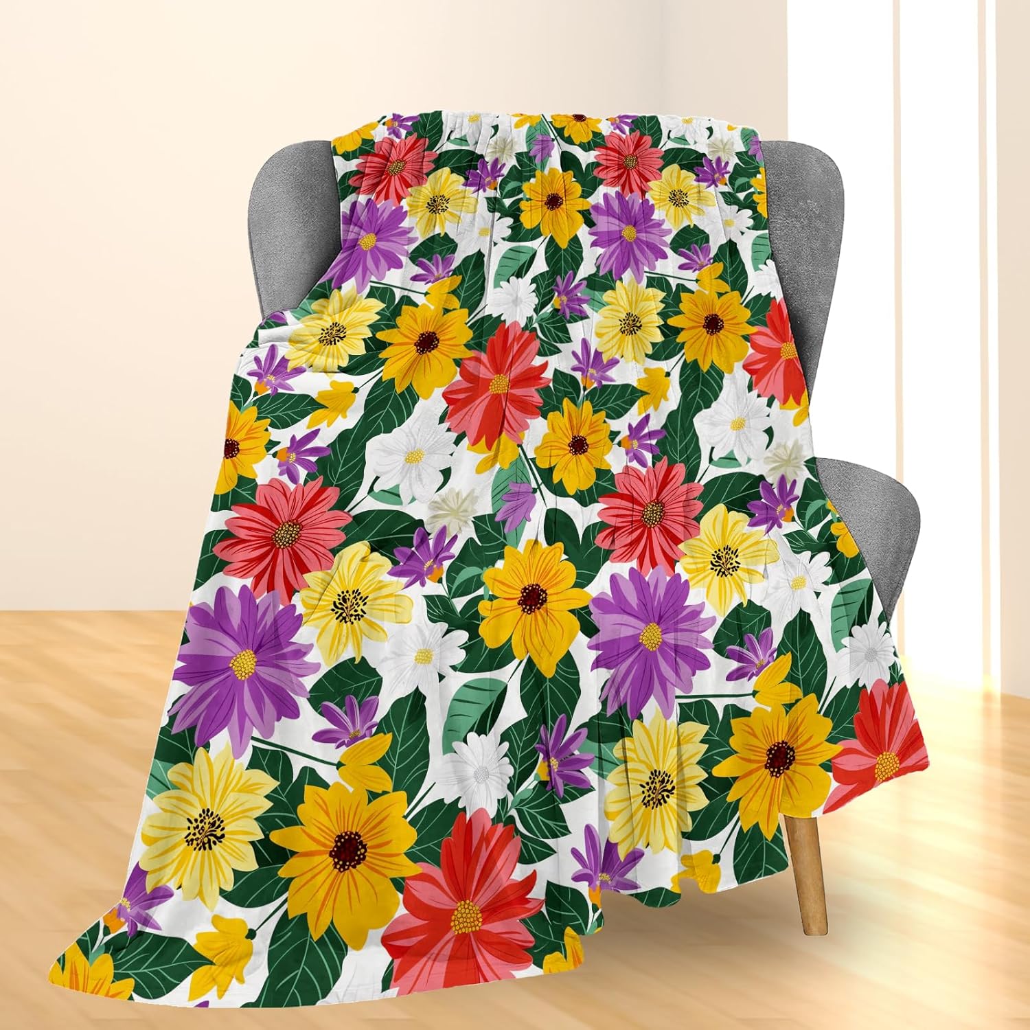 Vibrant Floral Garden Blanket, Soft Lightweight Flannel Throw for Couch, Bed, Travel, Living Room & Home Decor, Cozy Warm Fuzzy Blankets for Adults Women Men 50×40 in