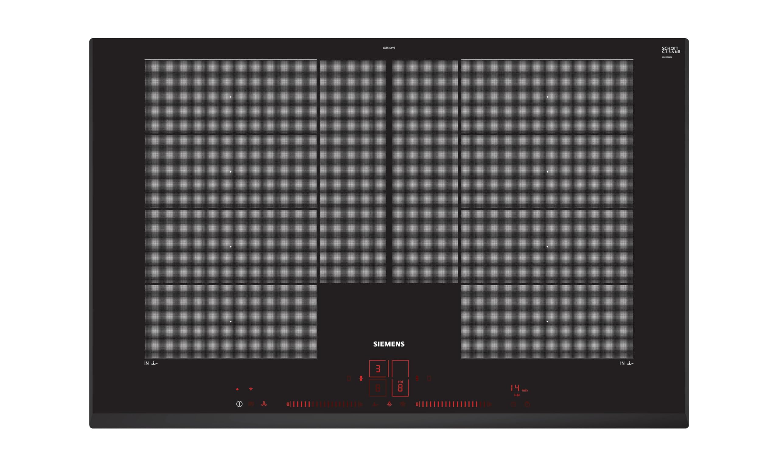 Siemens EX851LYV5E, iQ700, Smartes Induktionskochfeld 80 cm, autark, Rahmenlos aufliegend, Touch & Slide, varioInduktion Plus, Intelligente flexZonen, Bratsensor Plus, cookConnect System, Schwarz