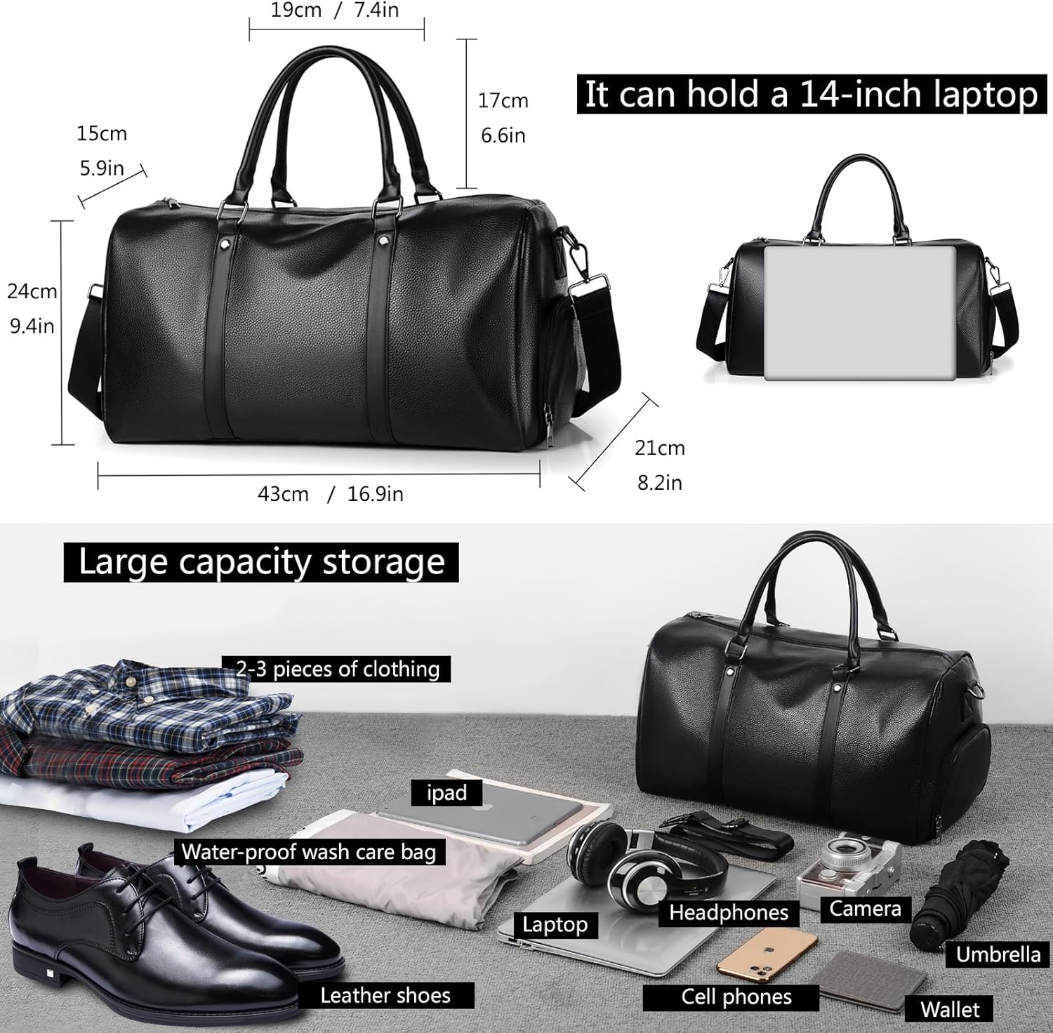 Men's business travel bag short-distance travel bag fitness bag trendy female yoga sports training bag male PU waterproof (black-1)