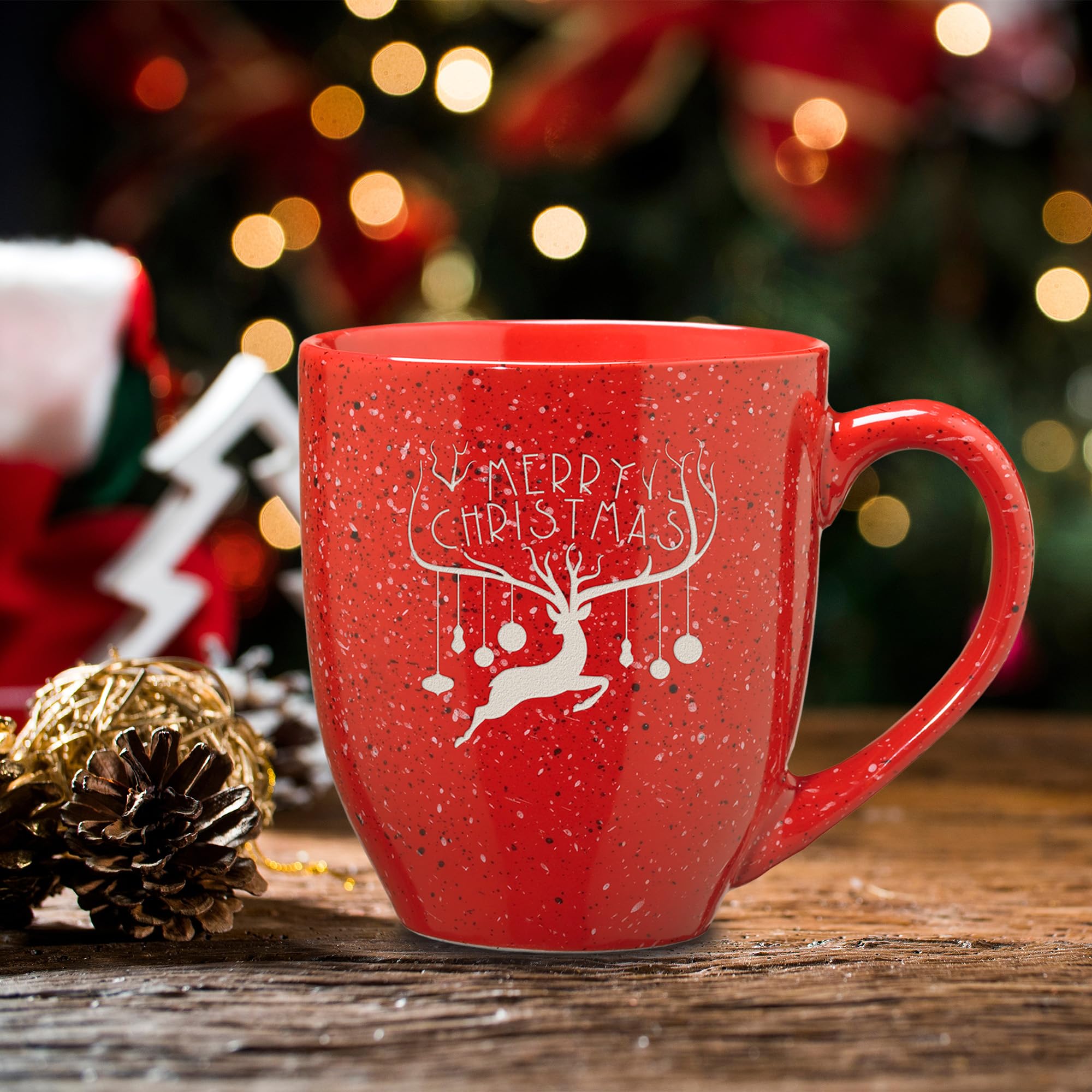 Rico Industries The Christmas Deer 16 oz Red Laser Engraved Speckled Ceramic Coffee Mug