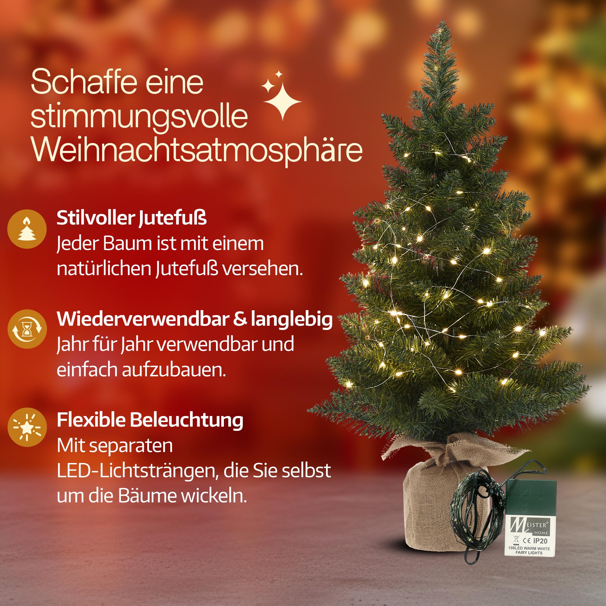 Meisterhome® 3-teiliges Set Künstlicher Weihnachtsbäume mit LED-Lichtern – Realistische Tannennadeln & Jutefuß – Höhen 75/90 / 120 cm – Langlebige & stilvolle Weihnachtsdeko
