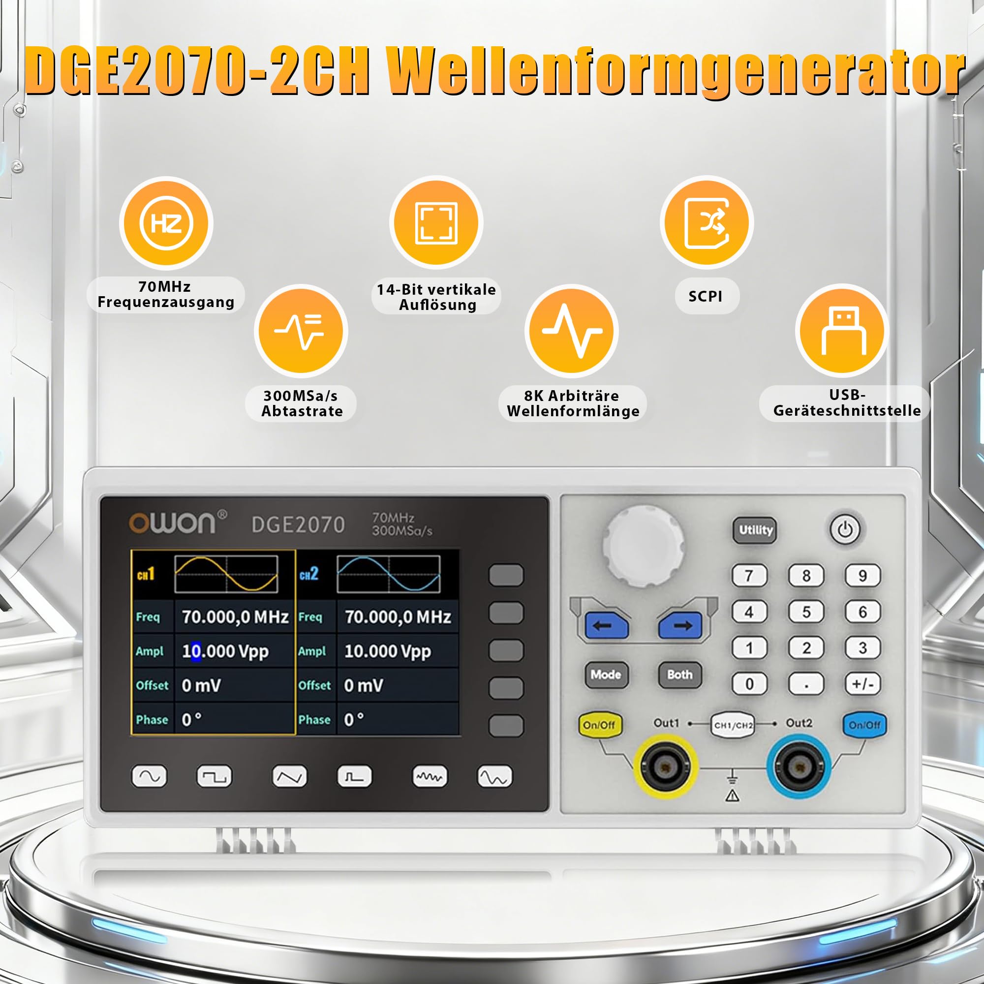 OWON DGE2070 2-Kanal-Funktionsgenerator für Mess-, Test- und Entwicklungsaufgaben, 70 MHz, 300 MSa/s, 14 Bit, SCPI und PC-Steuerung