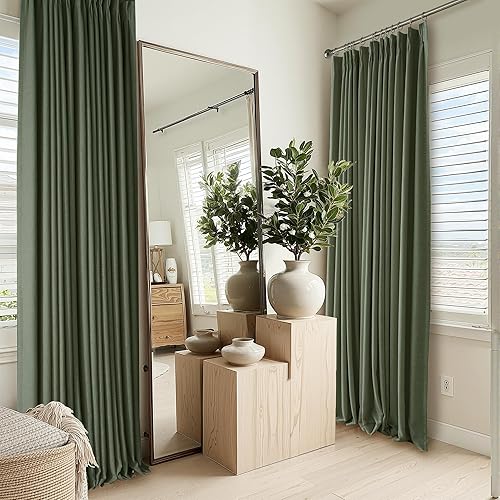 RYB HOME 100% Blackout Pinch Pleated Linen Curtains for Bedroom Living Room, Lin
