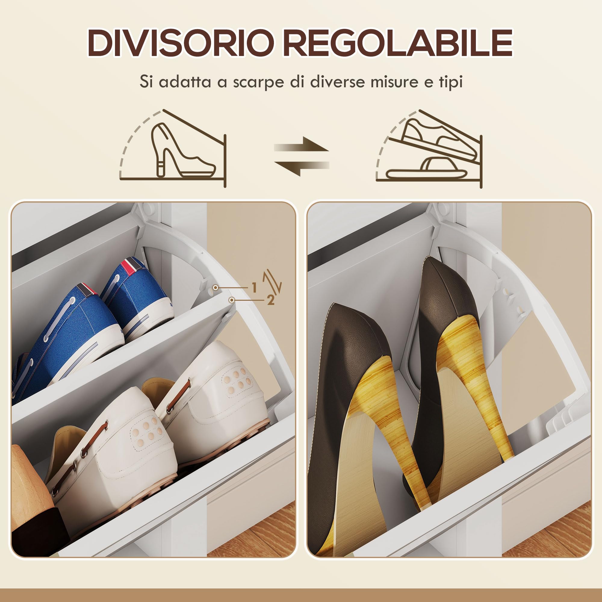 HOMCOM Scarpiera Salvaspazio Slim con 2 Ante a Ribalta Stile Boho in Rattan Scarpiera Ingresso con Ripiani regolabili a 2 livelli Porta Scarpe per 14 paia con maniglia, 80x24x95.5 cm, Bianco