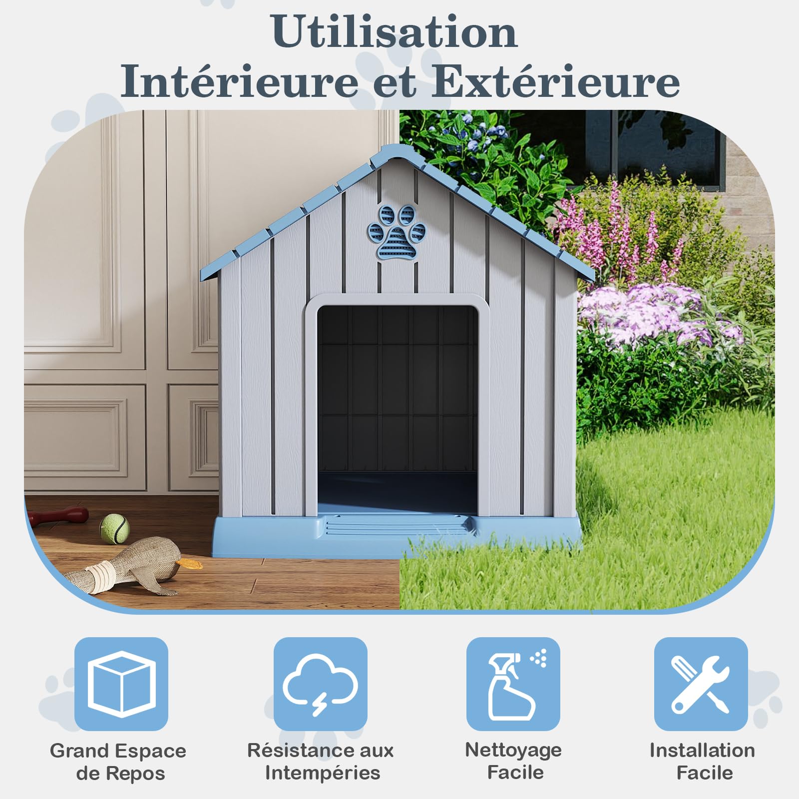 COSTWAY Niche pour Chien Exterieur Interieur en PP, Toit en Pente, 2 Fenêtres, Aérations, Cabane Chien Exterieur, 4 Piquest de Sol, Base Surélevé, pour Chiot Chat Lapin, 76 x 83 x 83 cm