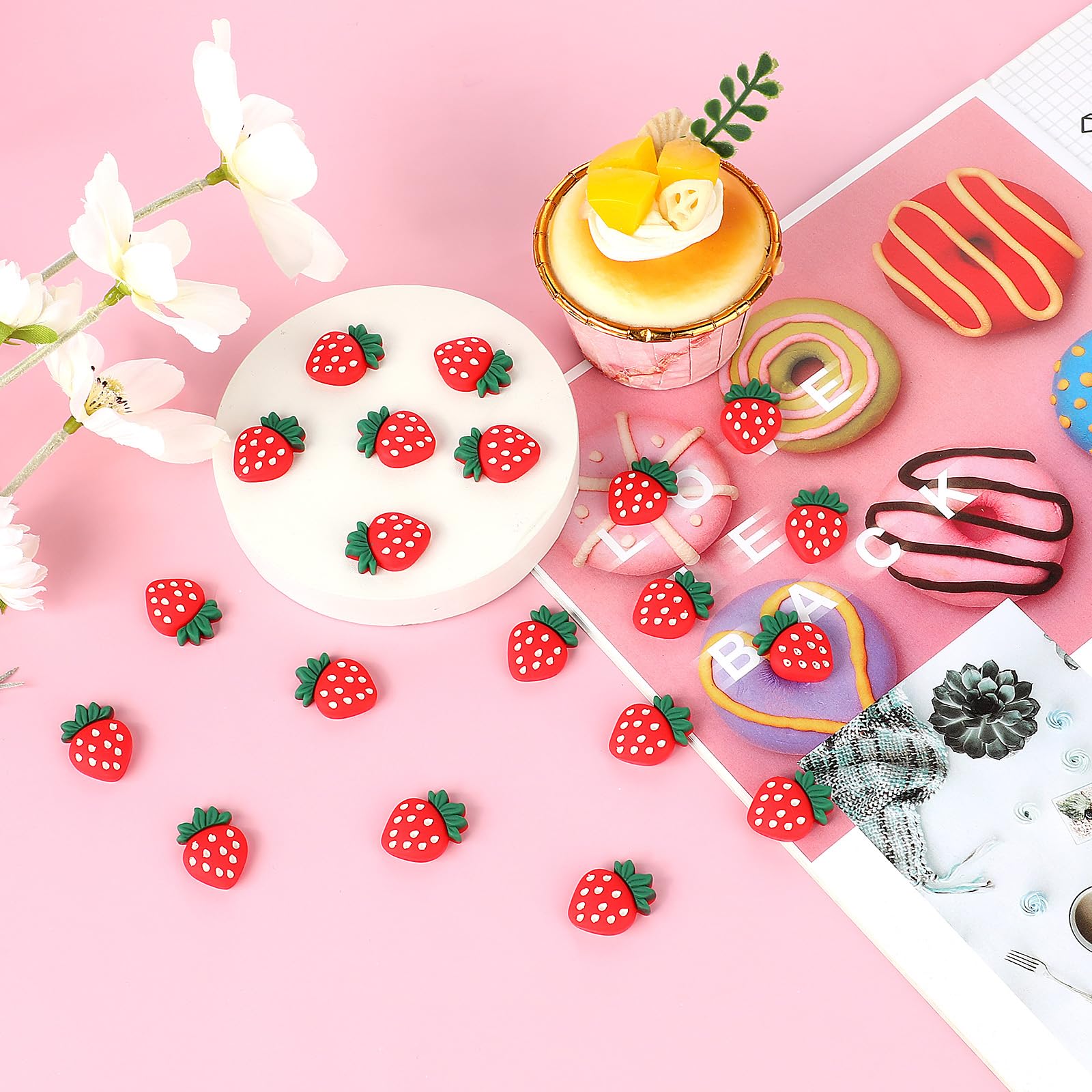 30 Pack Strawberry Cupcake Toppers Cake Topper Decor Strawberry Theme Resin Berry Party Shortcake Cake Decorations, Flat Back Strawberries Embellishment Charms for DIY Crafts Hair Clips