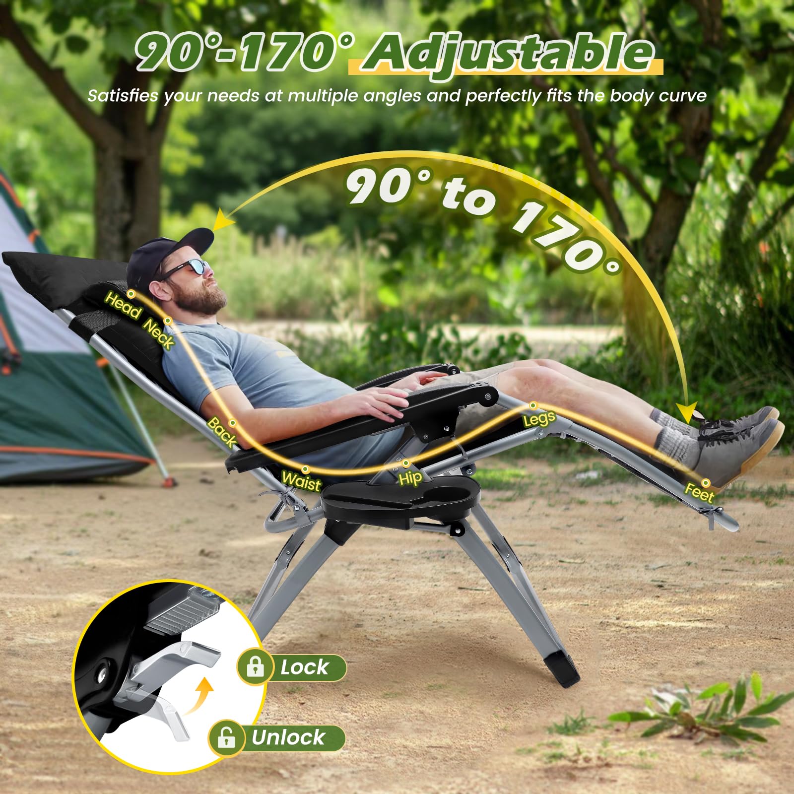 Sedia pieghevole da giardino e spiaggia, schienale regolabile, supporto testa e bevande, colore nero