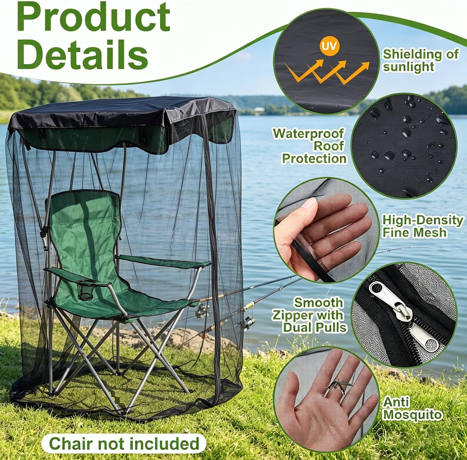 Mosquito Net Cover for Canopy Chair, Bug Barrier Mosquitos Mesh Tent Chair Mosquito Netting with Zipper Opening Waterproof Roof for Fishing Camping Chair Outdoor, Chair Not Included,Green