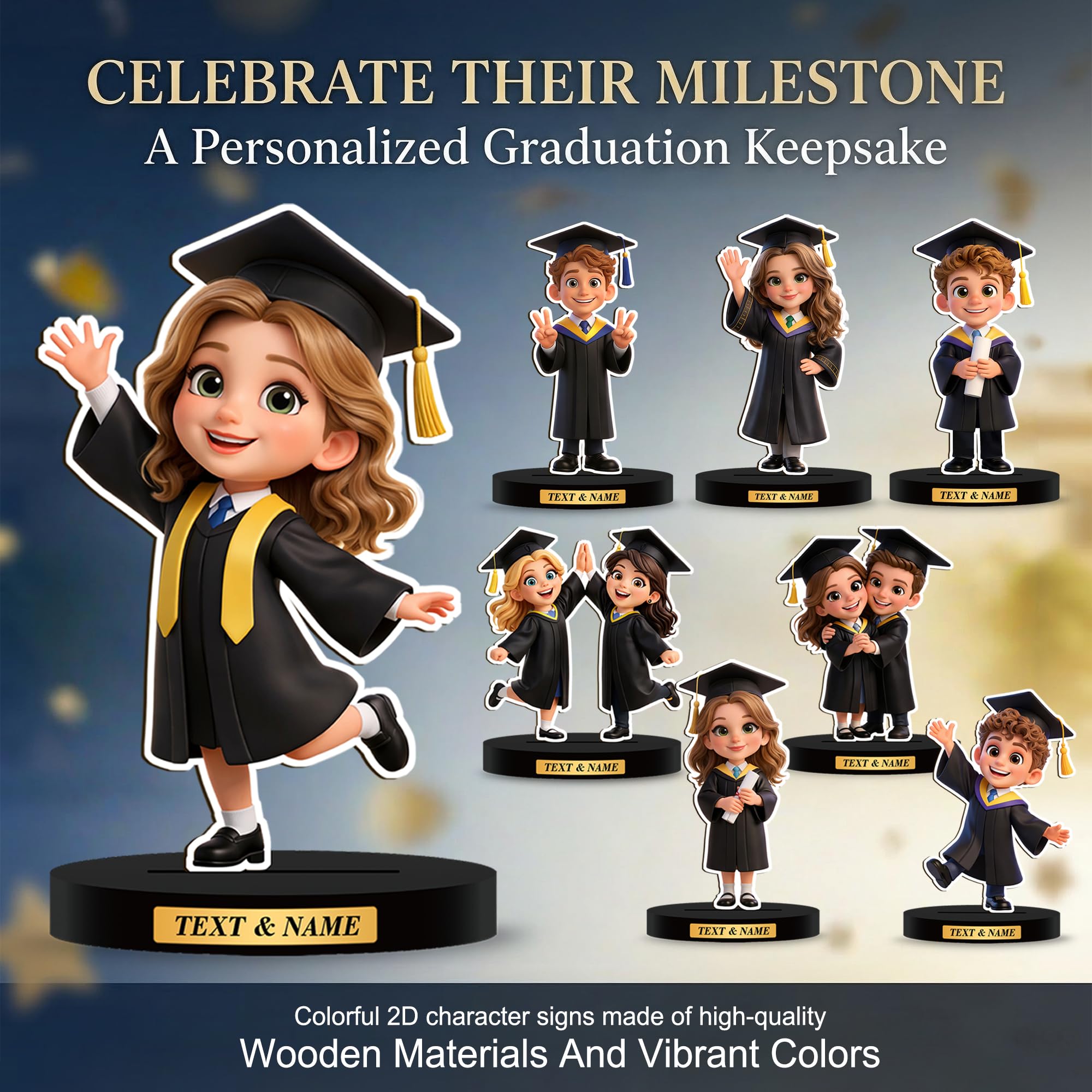 Figura de Madera con Foto en 2D para Graduación - Regalo Personalizado con Retrato de Dibujos Animados