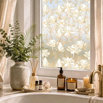 Golden Flower Privacy Window Film, Removable Static Cling Double-Sided Frosted Window Decal for Door Window Panes Glass Decor, 35.43 Inch Width, Lotus