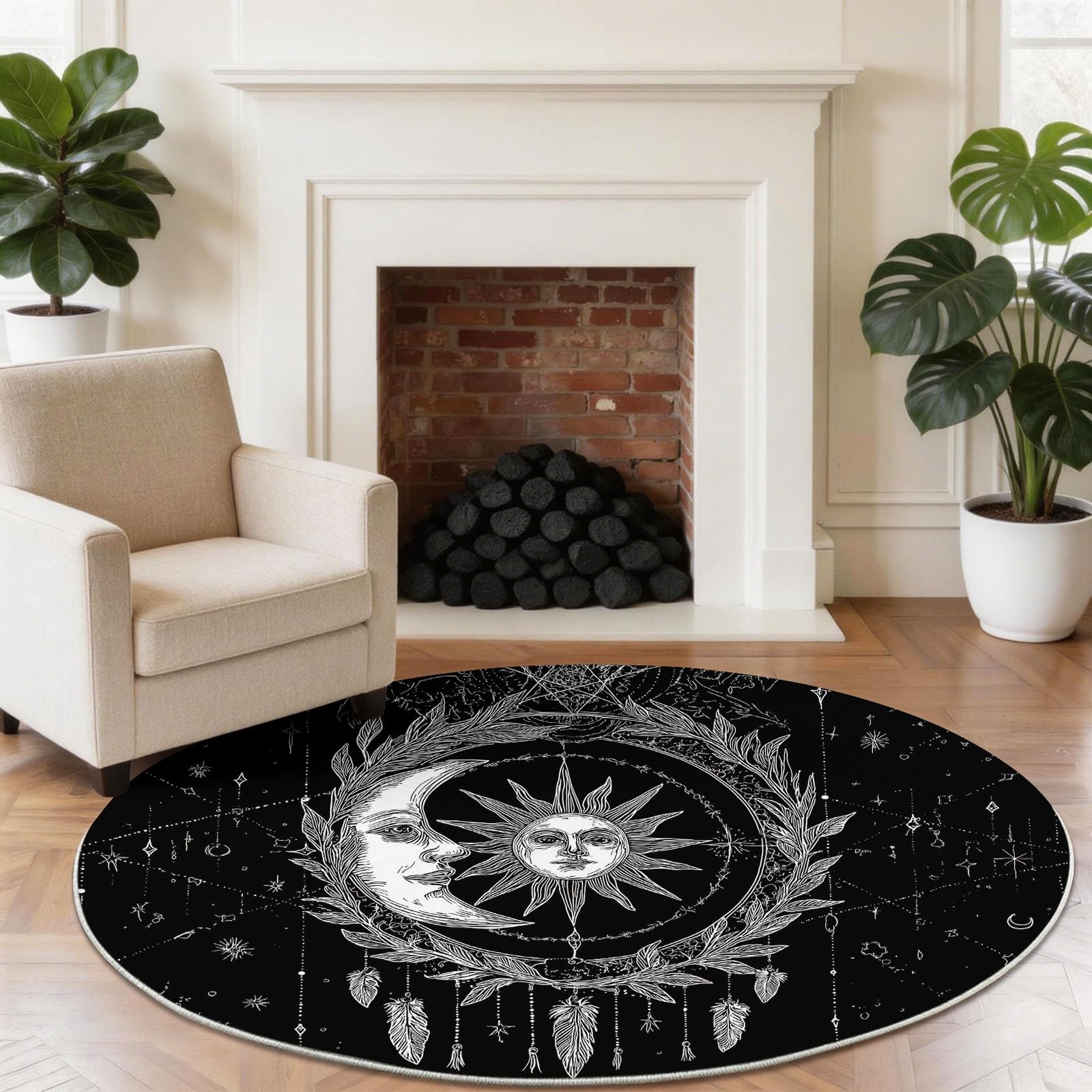 Générique Classique Soleil Lune Tapis Rond Enfant 180 cm, Lavable & Antidérapant, Noir Boho Ethnique Gothique Tapis de Jeux Doux pour Chambre Bébé & Nurserie