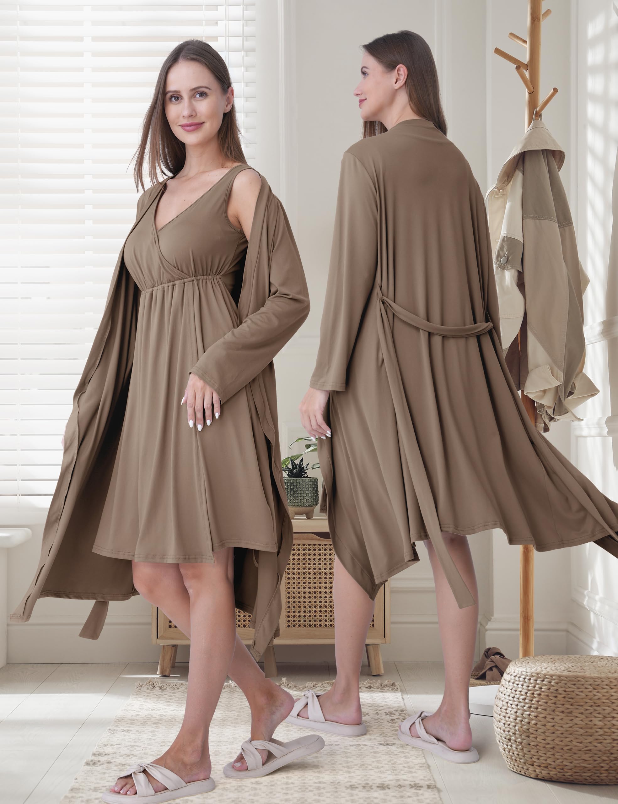 SUNNYBUY Camicia da notte premaman e allattamento con vestaglia, 2 pezzi, marrone, M | Biancheria da notte 3 in 1, per la nascita e il letto settimanale, adatta all'allattamento, vestaglia con tasche
