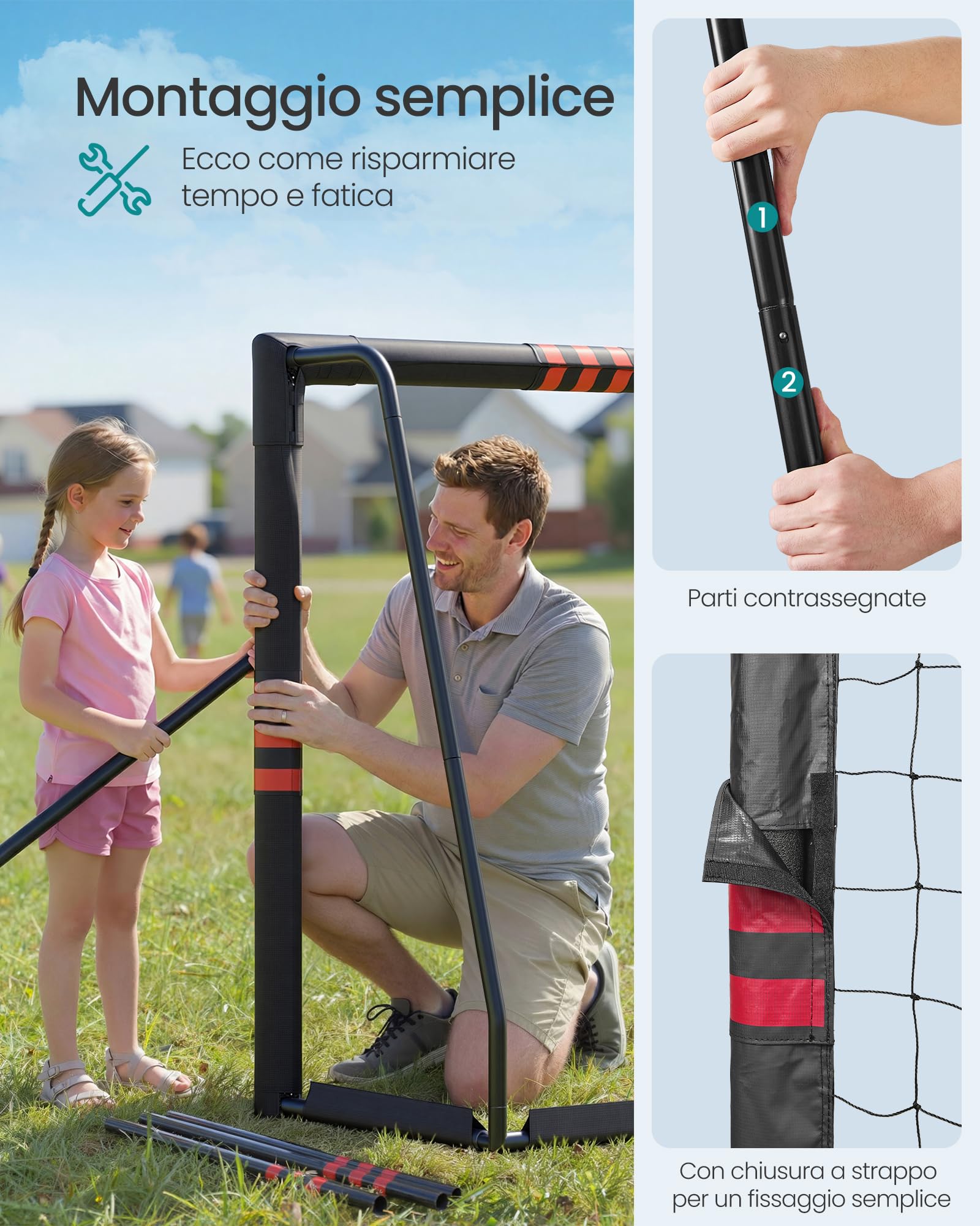 SONGMICS Porta da Calcio Acciaio Rete PE Esterni Giardino Spiaggia Rivestita Gommapiuma