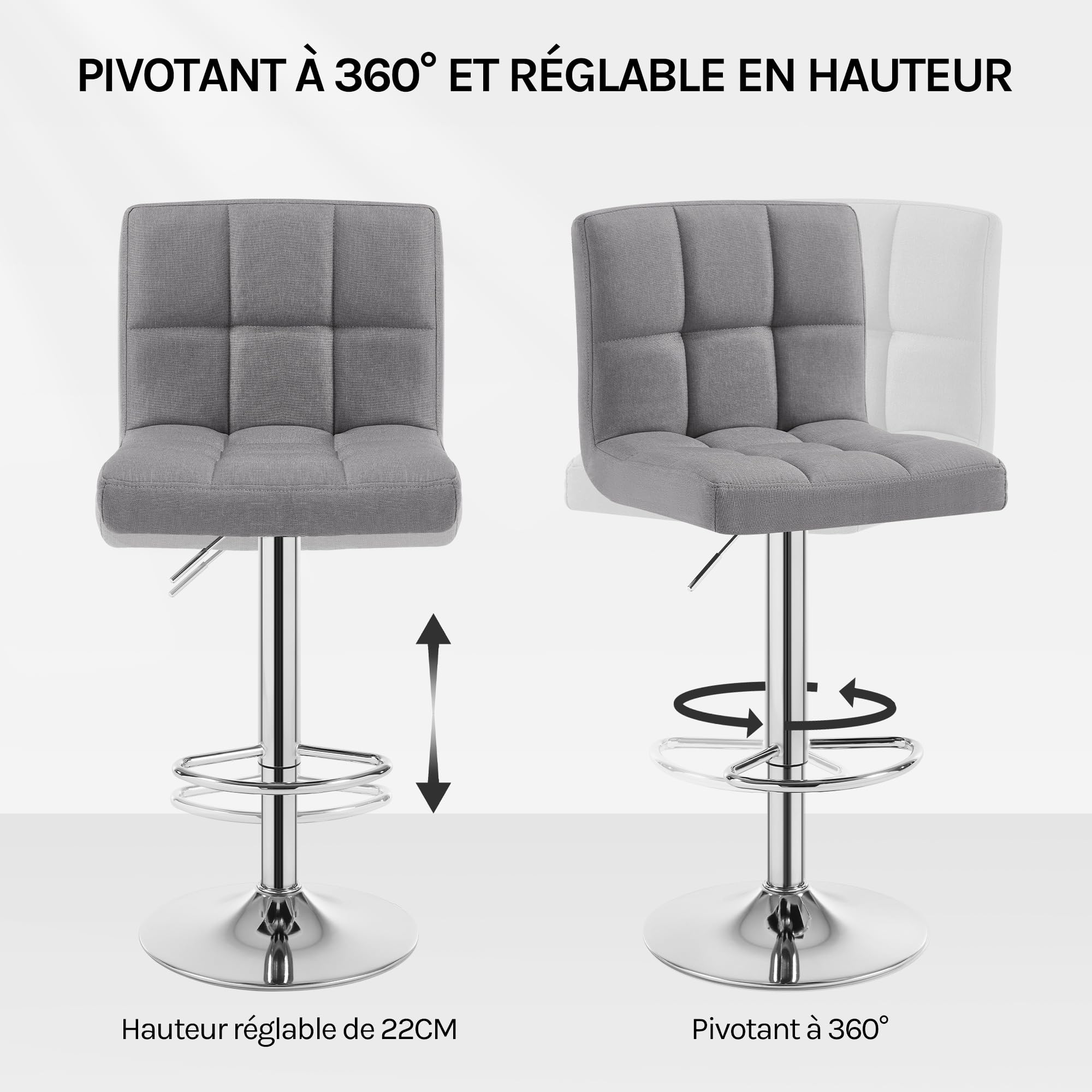 WOLTU Tabouret Bar Lot de 2, Chaise Haute de Bar Pivotant à 360° et Réglable en Hauteur, pour Îlot Central Cuisine, Comptoir, Tabourets avec Dossier et Repose-pieds, en Lin, Gris Clair