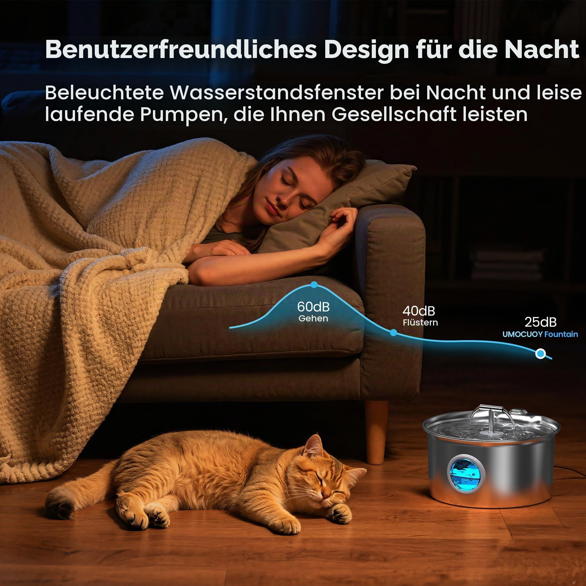 Katzenbrunnen Edelstahl Katzen Trinkbrunnen: Trinkbrunnen für Katze - 2.6L leiser Katzenbrunnen für Katzen - mit 6 Kohlefilters + 3 Schwämmes - Wasserstandsfenster mit LED-Beleuchtung