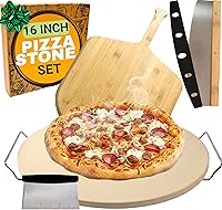 RitualLife 16-Inch Cordierite Pizza Stone Set with Handles, Wood Peel & Cutter - Oven, Grill, Smoker Kit for Crispy Crust Pizza & Bread