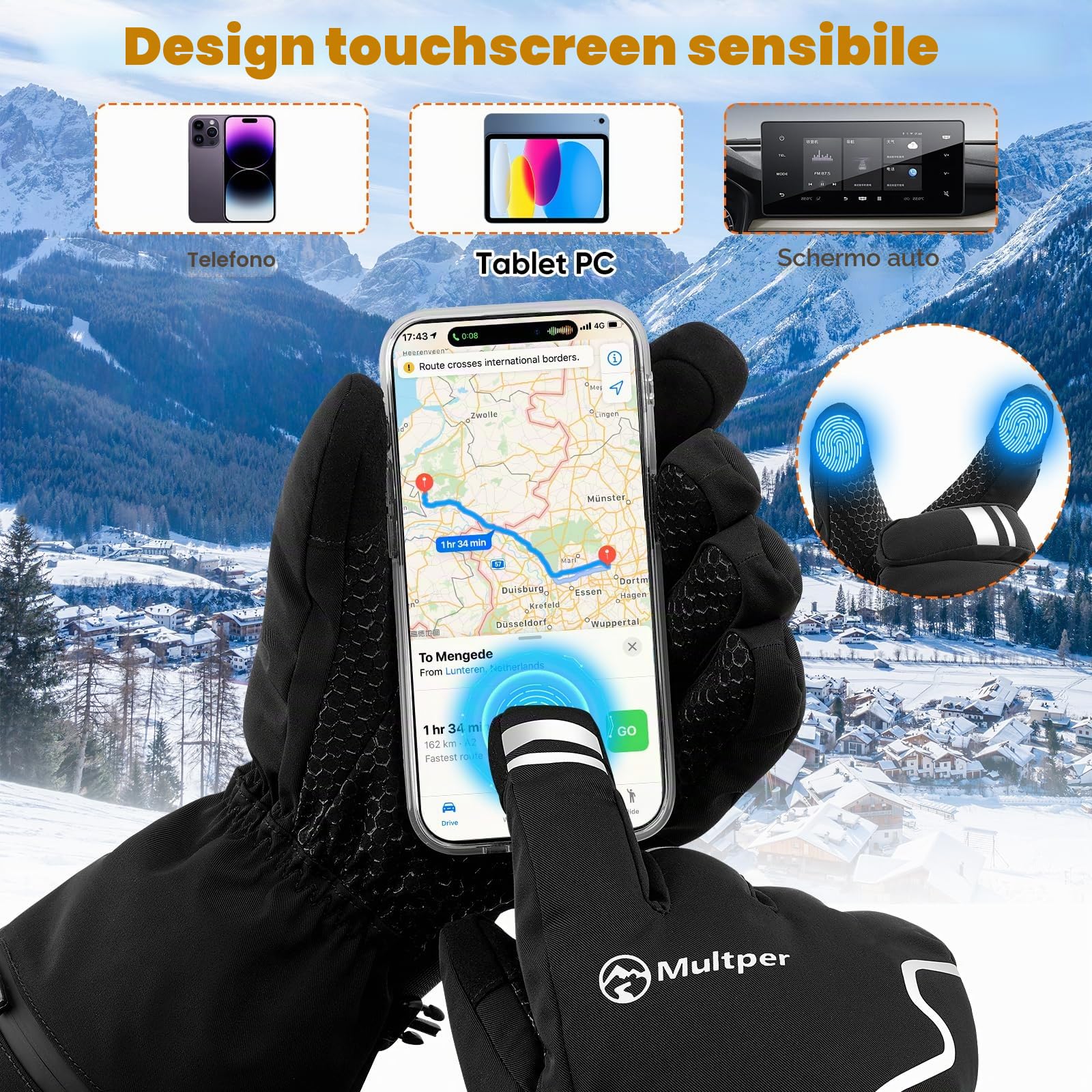 Multper Guanti Riscaldati per Uomini Donne, 7.4 V 3000 mAh × 2, 3 Temperatura Regolabile, Guanti Bici Uomo con Touchscreen Impermeabile Antivento, per Sport Invernali, Sci e Motociclismo