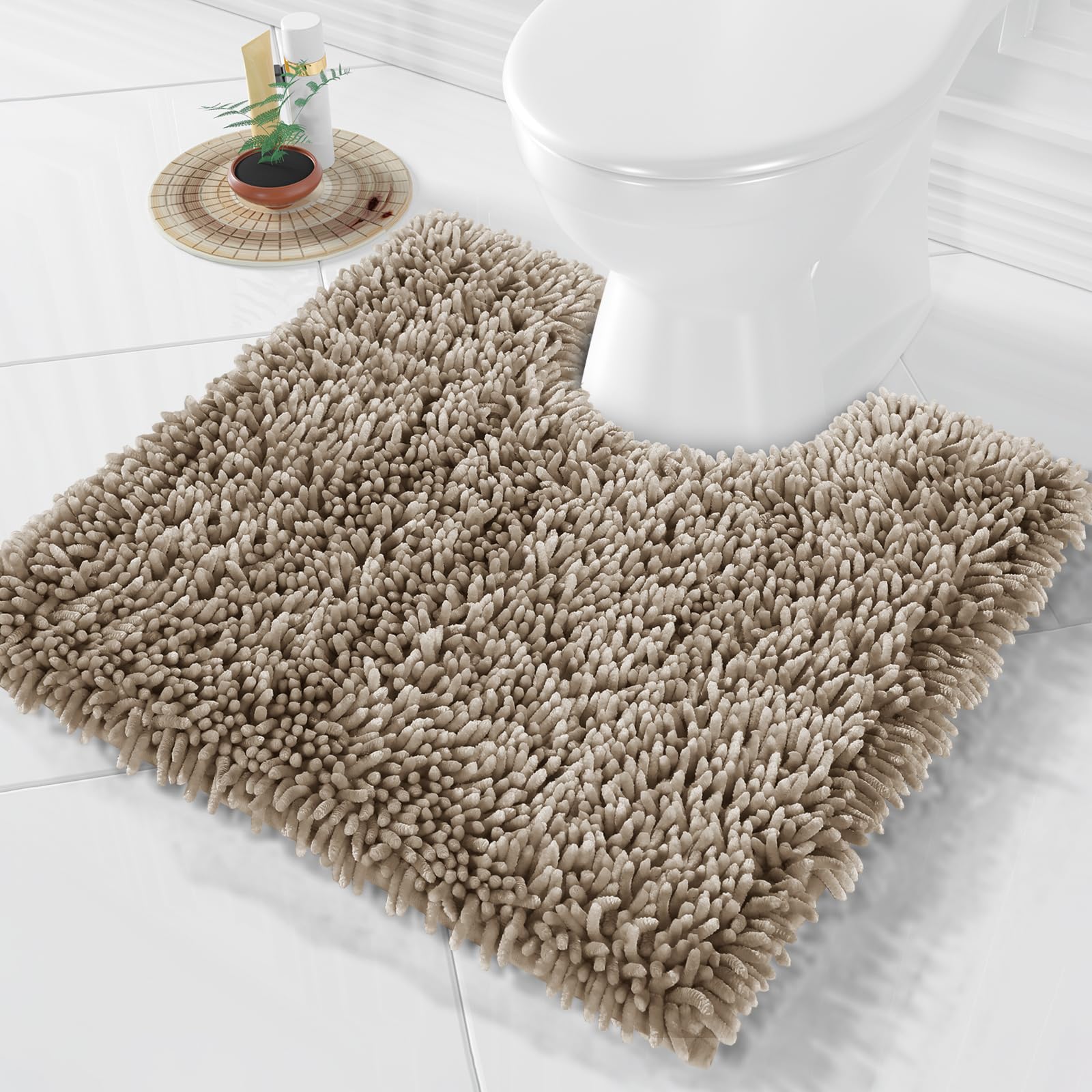 Yimobra Toilet Rugs U Shaped Washable, Extra Thick Soft Absorbent Chenille Contour Bathroom Rugs for Toilet 24x24 Inch, Quick Dry Non Slip Toilet Mat