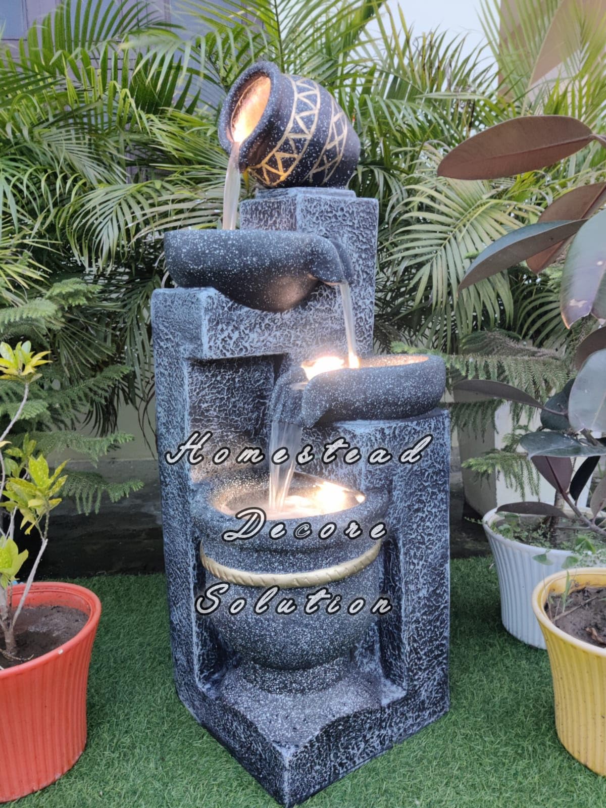 Decorative Homestead Decore Solution 4 Tiered Water Fountain with LED Light Big Size 4 feet, Decorative Home Decor Living Room Office Garden Indoor Outdoor Stone-Look Design, Grey Fiber Material-image-21