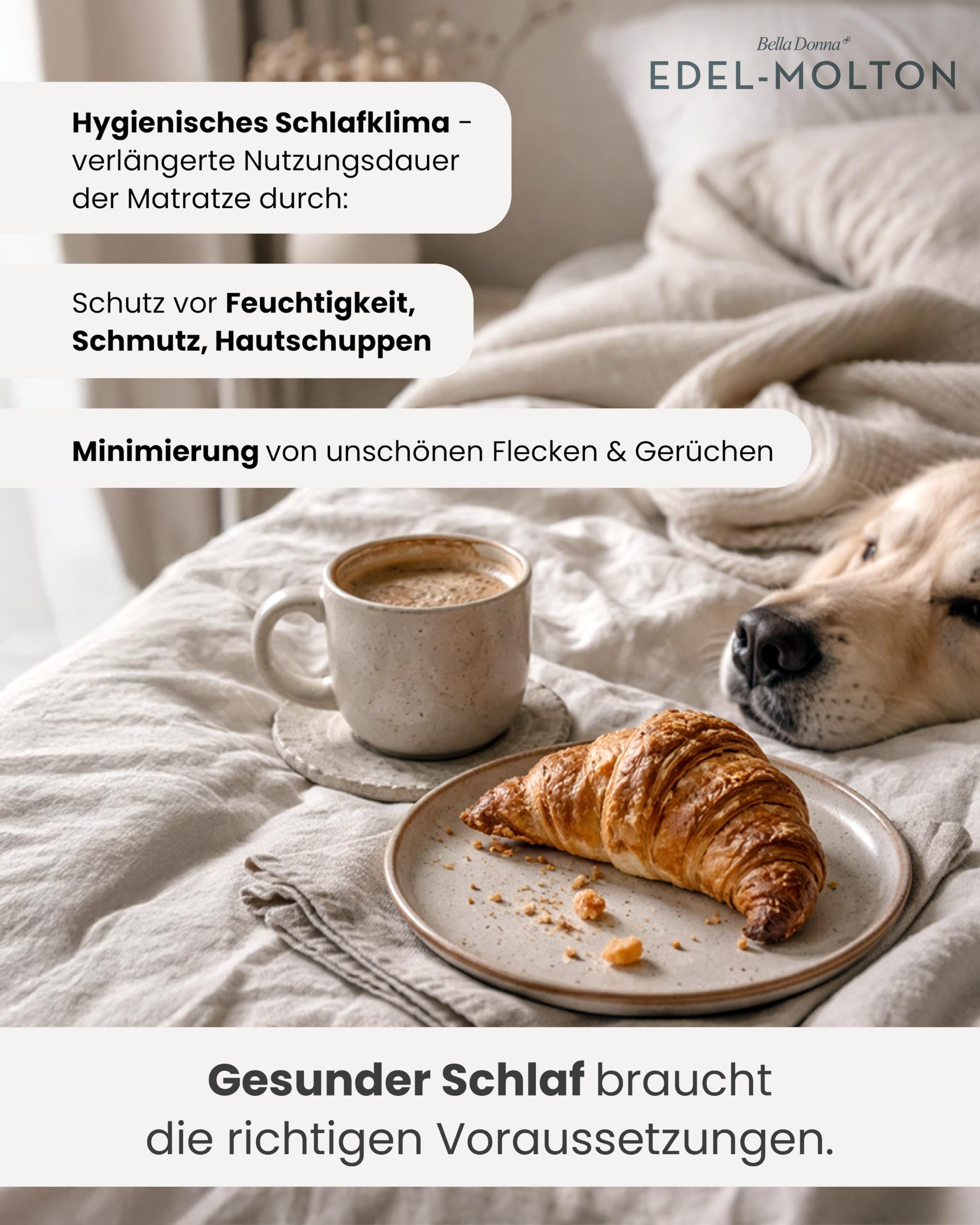 Bella Donna Edel-Molton Matratzenschoner: geeignet bei starkem Schwitzen | FORMESSE 200x220-200x240 cmbis 30cm; 82% Baumwoll-Kompaktgarn, 16% Polyester, 2% Elastan; sehr saugfähig, trockenes Schlafen