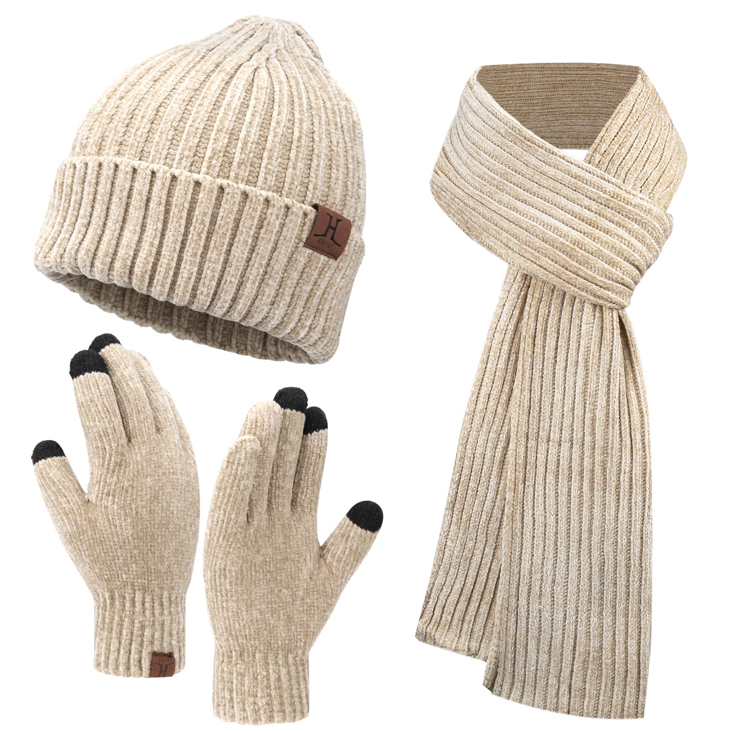 Women's Winter Warm Beanie Hat Long Scarf and Touch Screen Gloves Knit Set with Skull Cap
