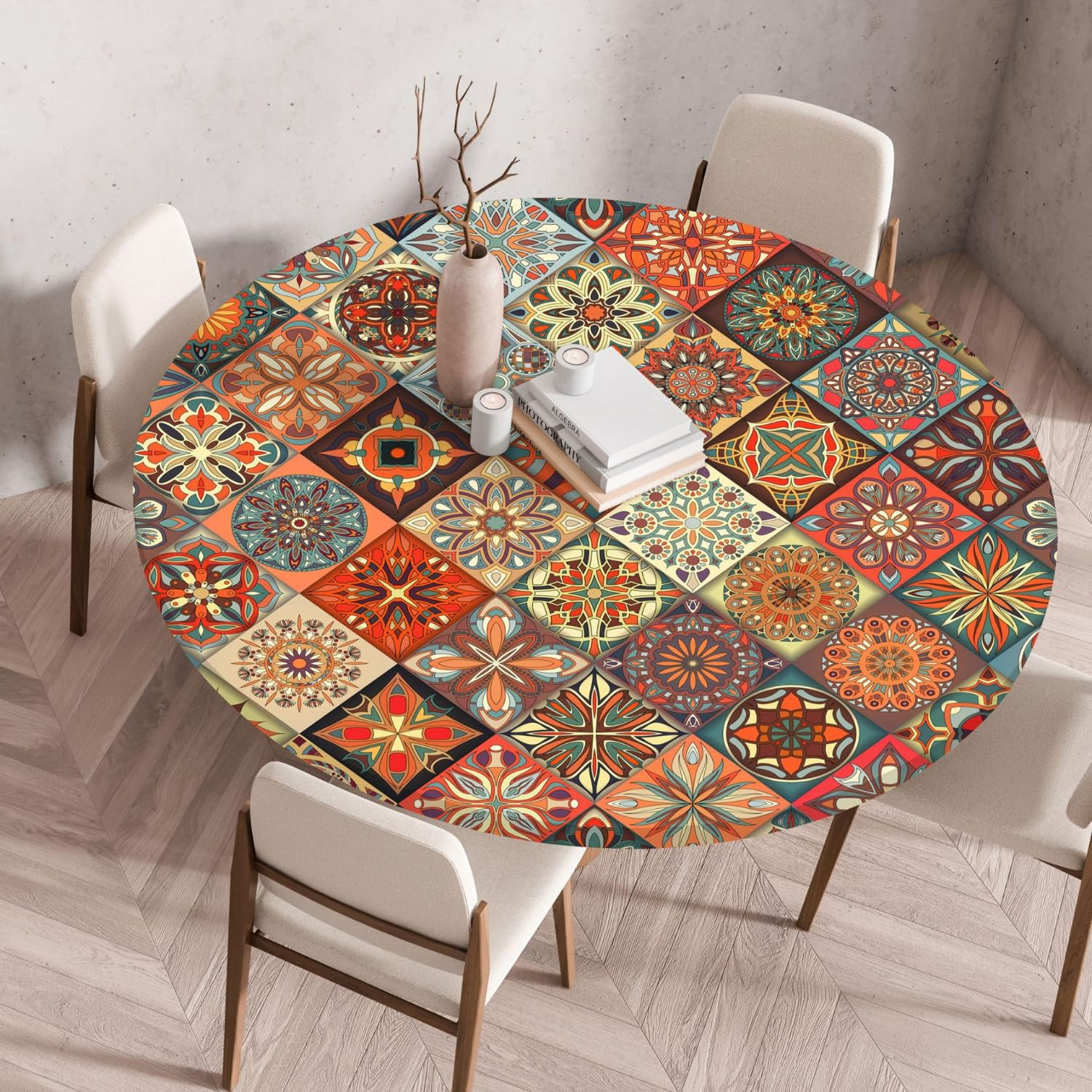 Boho Tischdecke Rund, Outdoor Tischdecke Abwaschbar Rund, Elastisch Gartentischdecke Wetterfest Tablecloth mit Gummizug für Balkon, Garten (Style 2,120cm)
