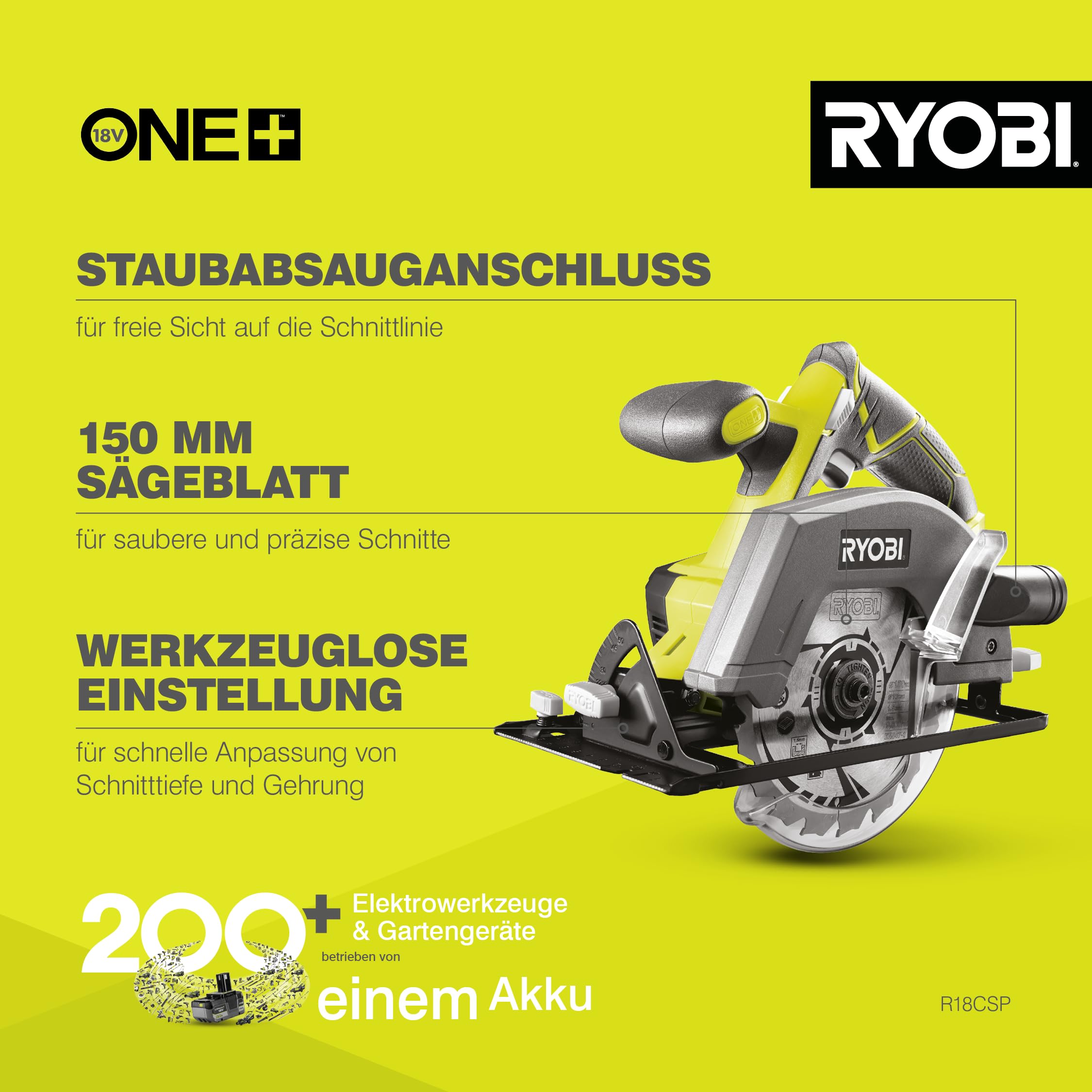 RYOBI 18 V ONE+ Akku-Handkreissäge R18CSP-0, 150 mm Sägeblatt, werkzeuglose Einstellung, präzise Schnitte, Tiefeneinstellung, ohne Akku & Ladegerät