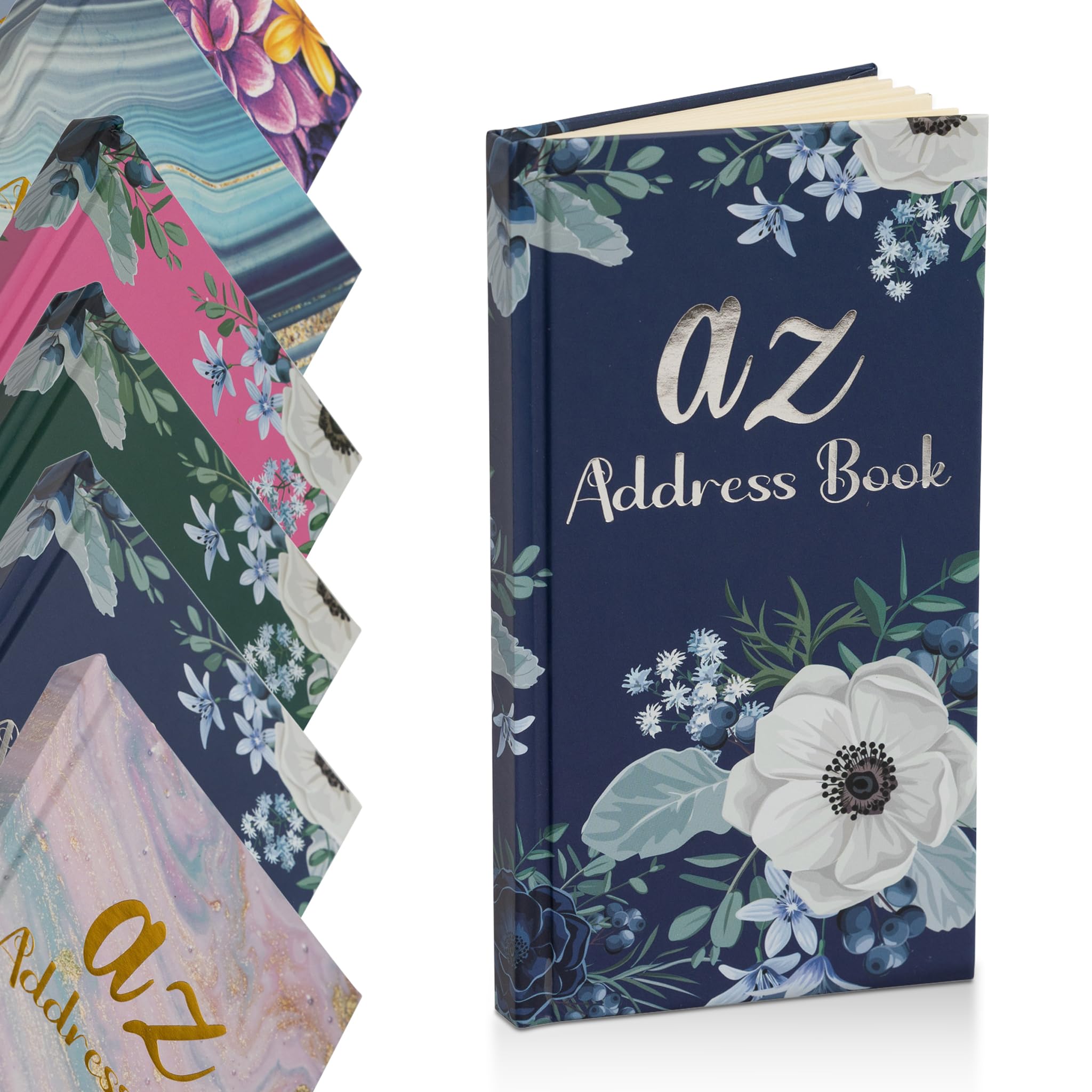 Telephone Address Book A-Z Index Hard Back Cover Slim, Navy Flowers