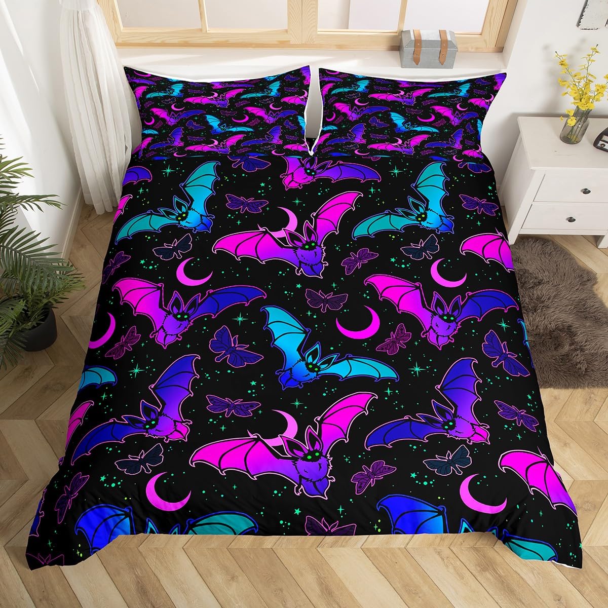 Homemissing Boys Multicolored 13225 Bat Duvet Cover Set Halloween Trippy Bedding Set For Kids Girls Butterfly Comforter Cover Set Microfiber Colorful Bedspread Cover Bedroom Bedclothes Single
