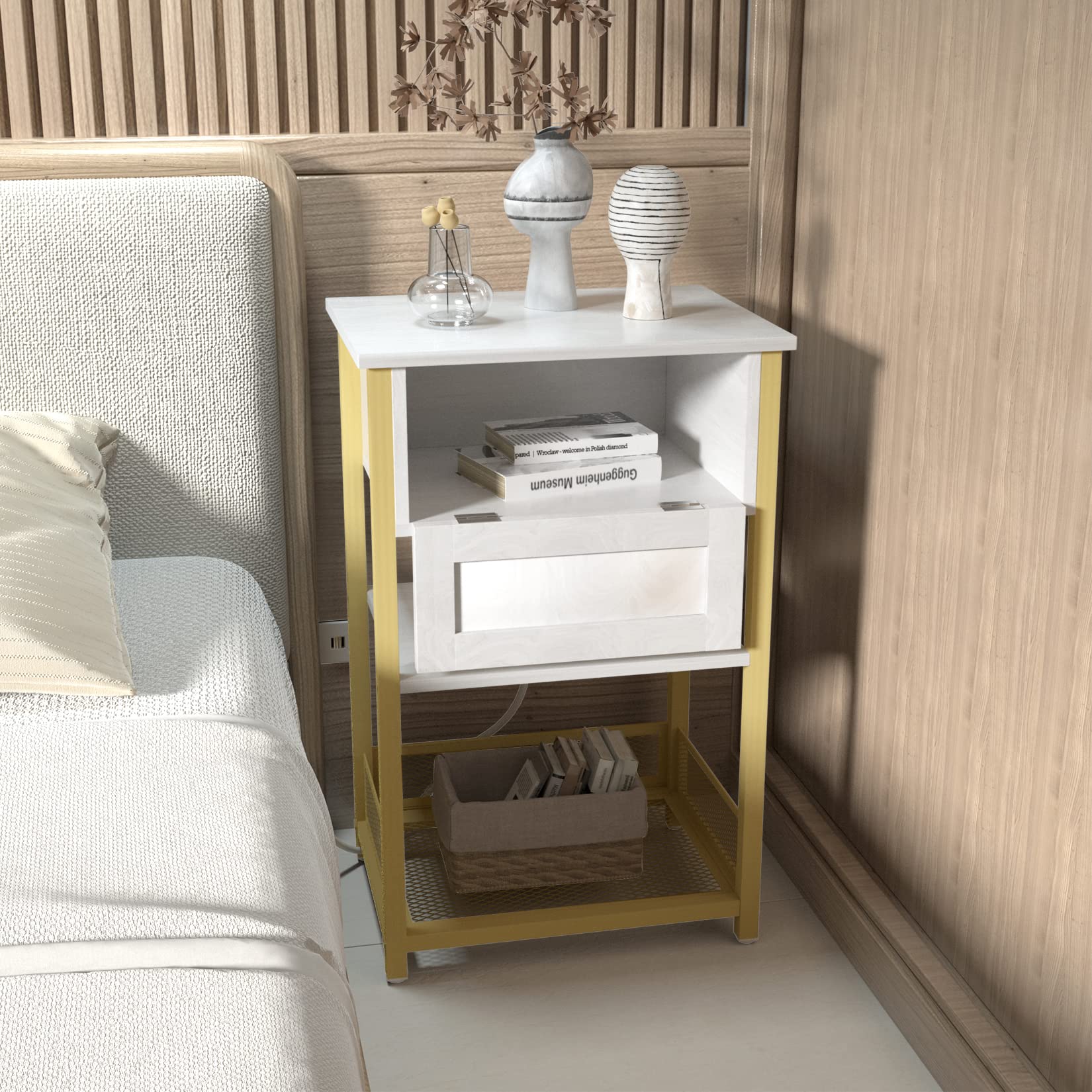 SZLHANJZ End Table with Charging Station, Rattan Side Table with Storage and Door, Modern Nightstand Tall 3 Tier, Boho Bedside Table for Living Room Bedroom, White
