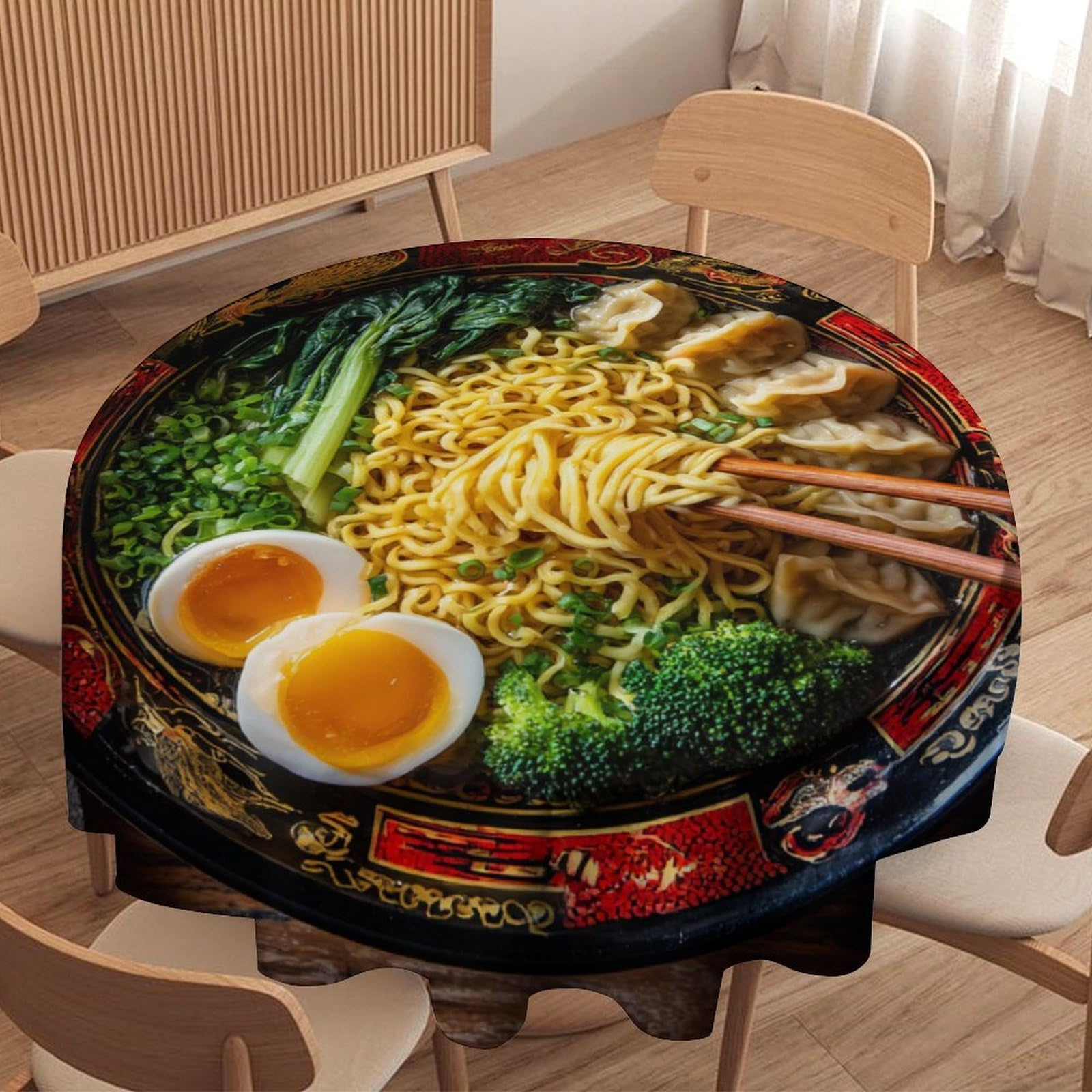 LUYYSKY Funny Abstract Ramen Noodle Waterproof Round Tablecloth Realistic Oil Painting Japanese Food Ramen Theme Washable Table Cover for Kitchen-91.4" Wx91.4 L cm