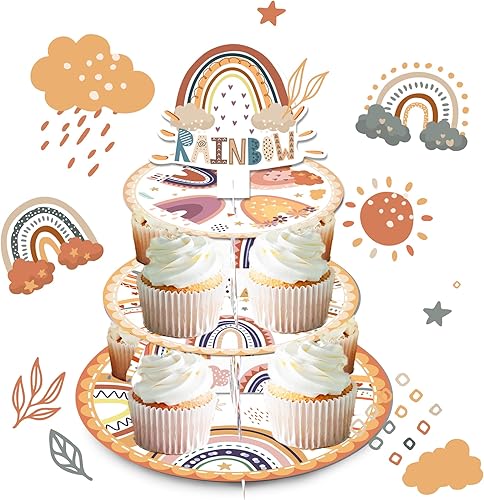 Miniatura 4 de Bandeja bohemia de 3 niveles para cupcakes, bandeja de arco iris, soporte para cupcakes, decoración de fiesta de cumpleaños hippie para fiesta de
