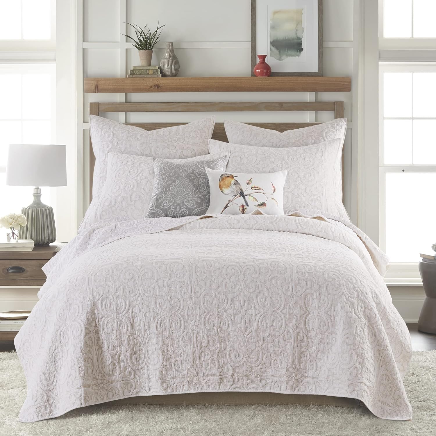 Levtex Home - Sherbourne Cream Taupe Stitch - Quilted King Sham - Quilted Medallion Cream with Taupe Stitch - Cotton/Polyester