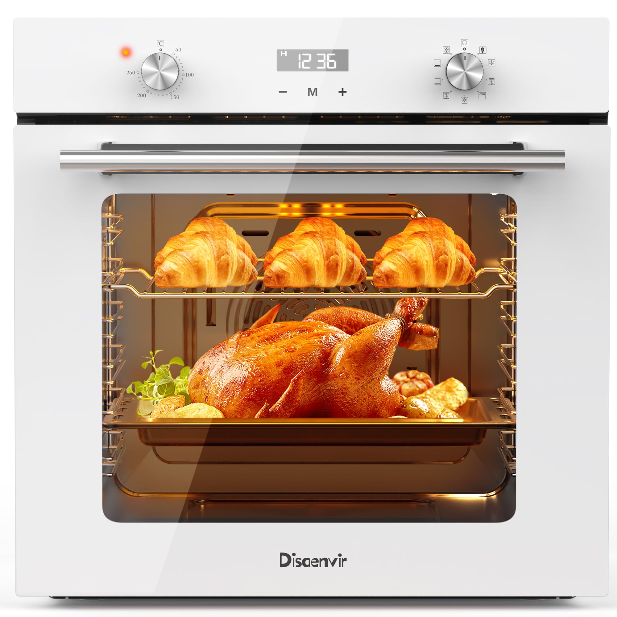 Electric Single Oven Built-in Integrated White, Installed Size 60 cm, 60L 2.2kW with Plug, Timer, 9 Functions, with Grill & Enameled Baking Tray,3D Hot Air Baking, Heat Protection Glazing