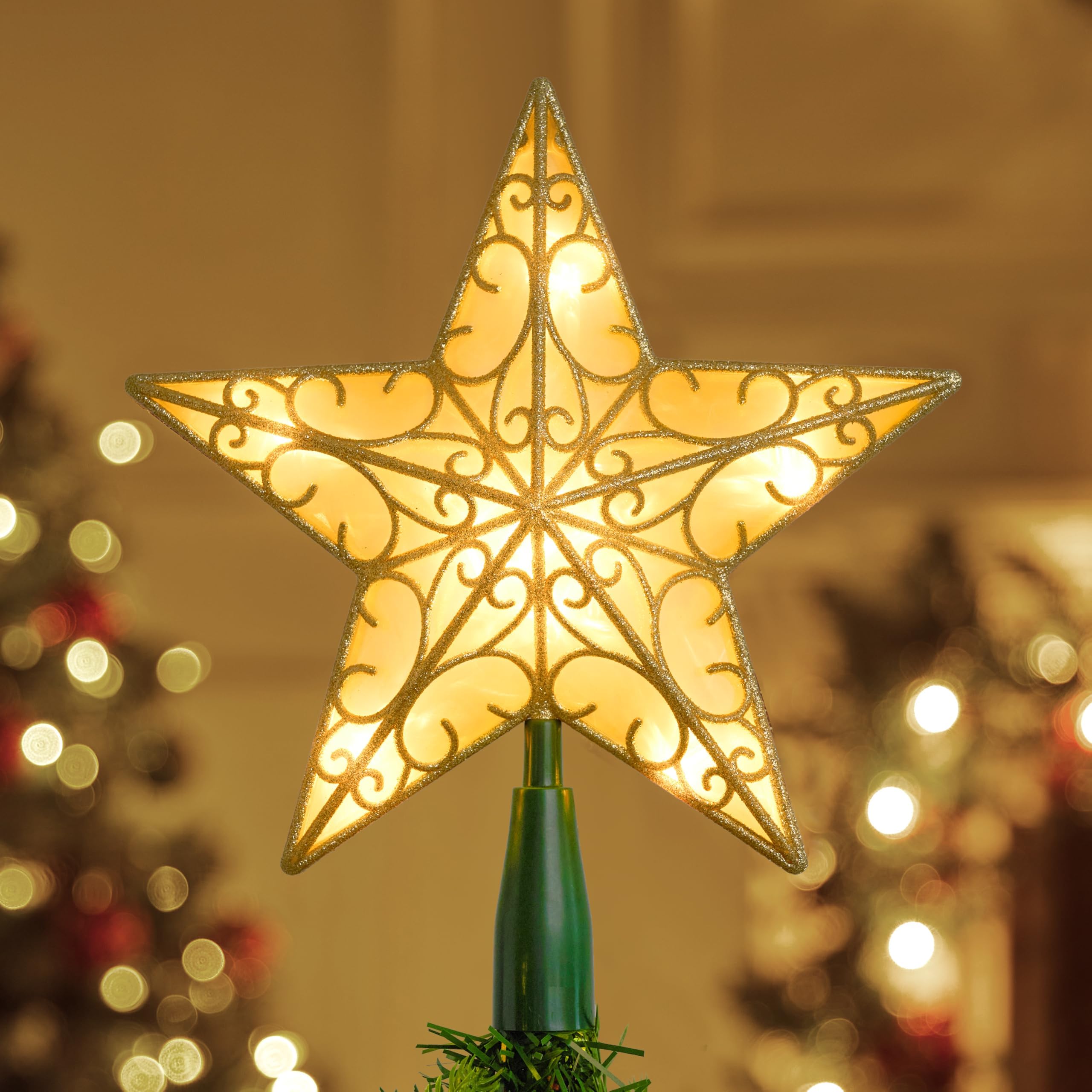 JOIEDOMI 9 inch Lighted PVC Star Christmas Tree Topper, Golden Glitter Swirl Treetop Decorations with 10 Warm White LED, Battery Powered for Home Holiday Xmas Party Indoor Decor