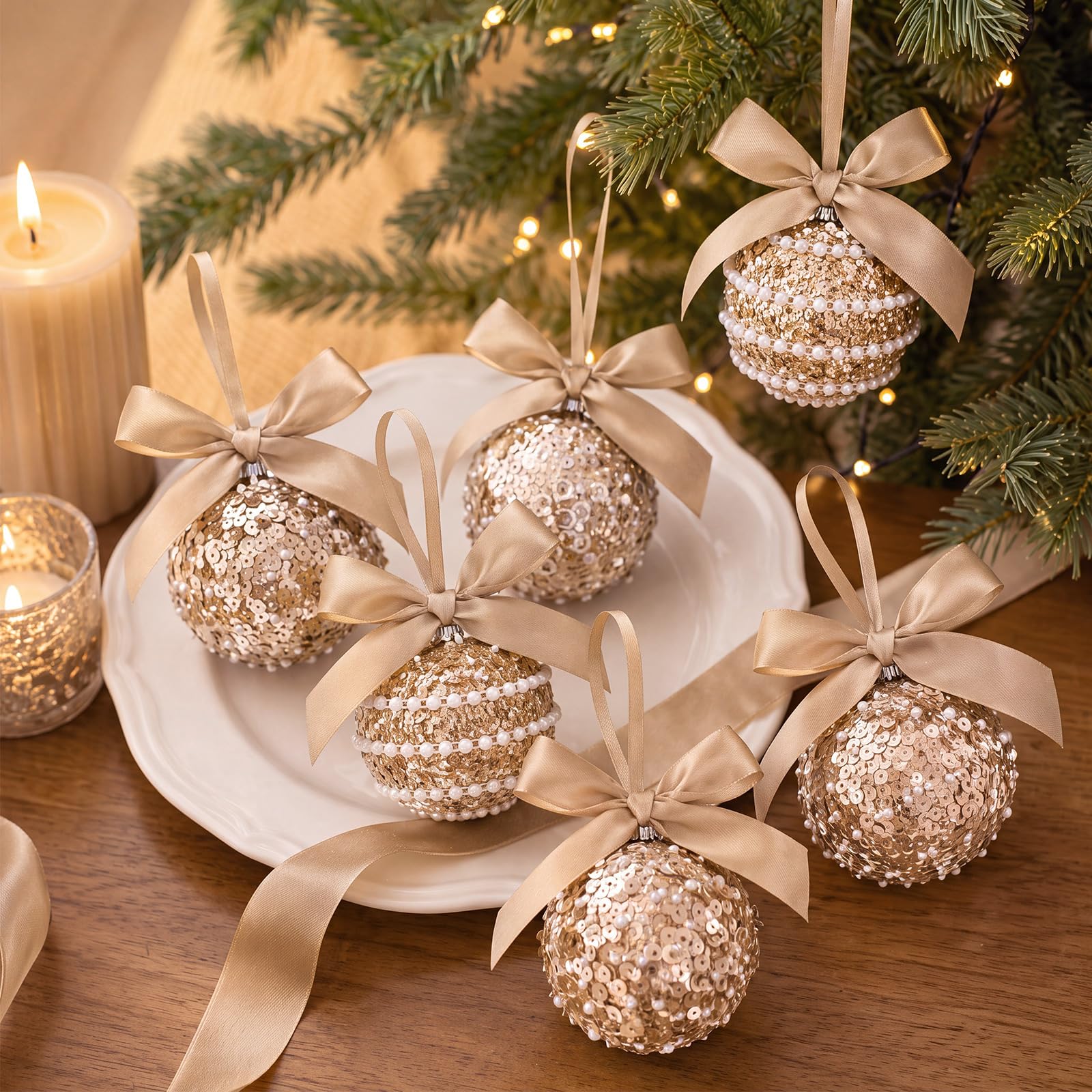 Hungdao 12 palline di Natale color champagne, 60 mm / 2.36in, con fiocco glitterato, da appendere, scintillanti, infrangibili, in plastica, da appendere, per feste di Natale